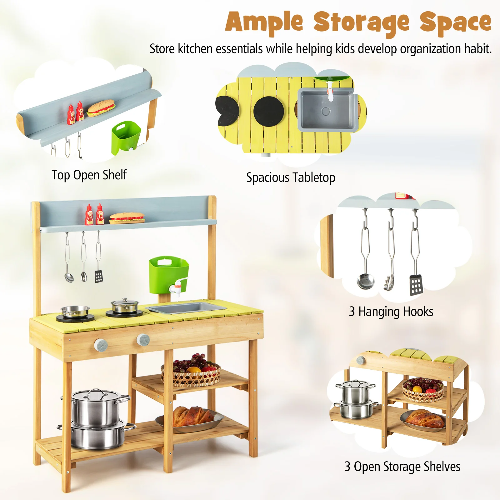 Indoor Outdoor Wooden Kitchen Play Set for Toddlers Ages 3+ - Image 8