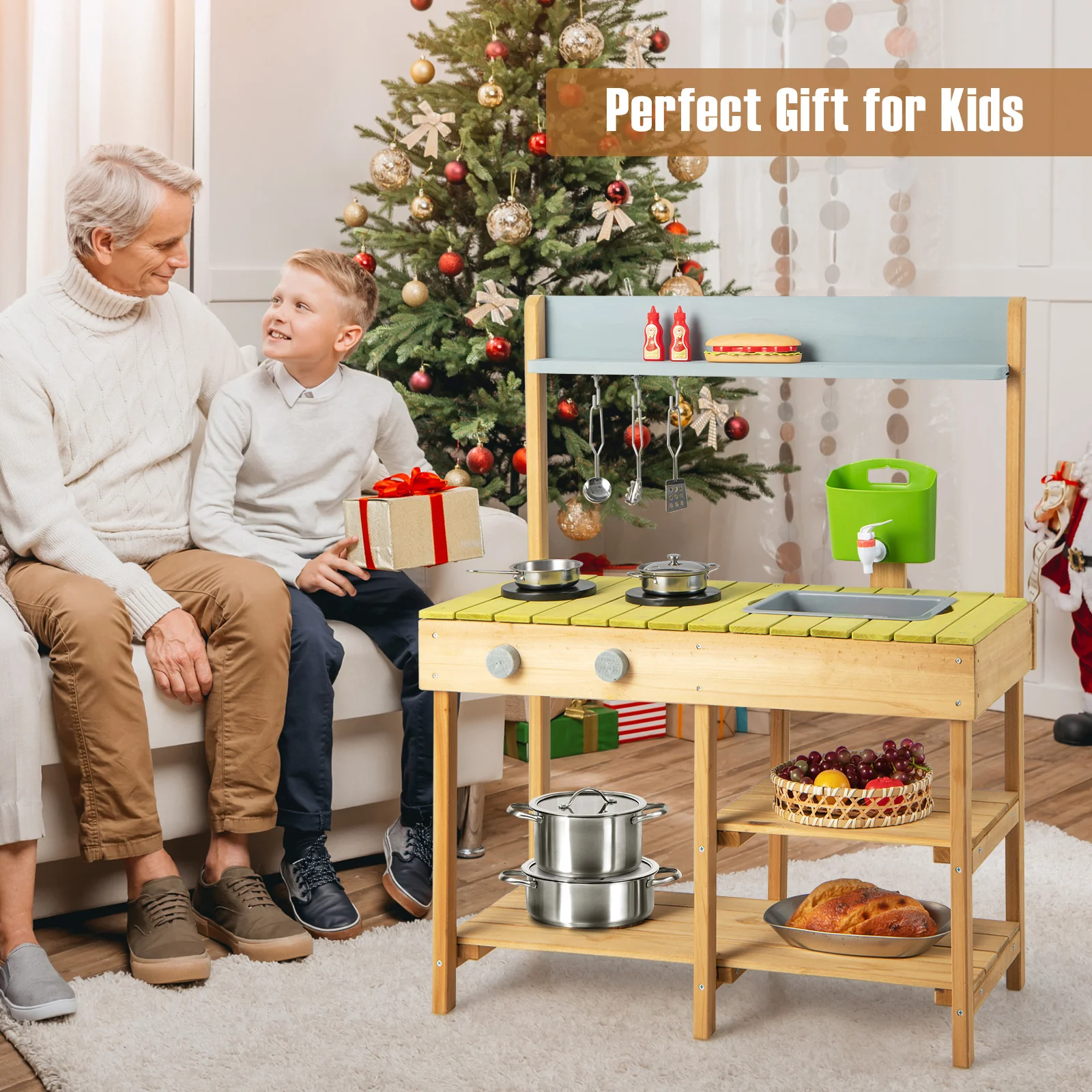 Indoor Outdoor Wooden Kitchen Play Set for Toddlers Ages 3+ - Image 9