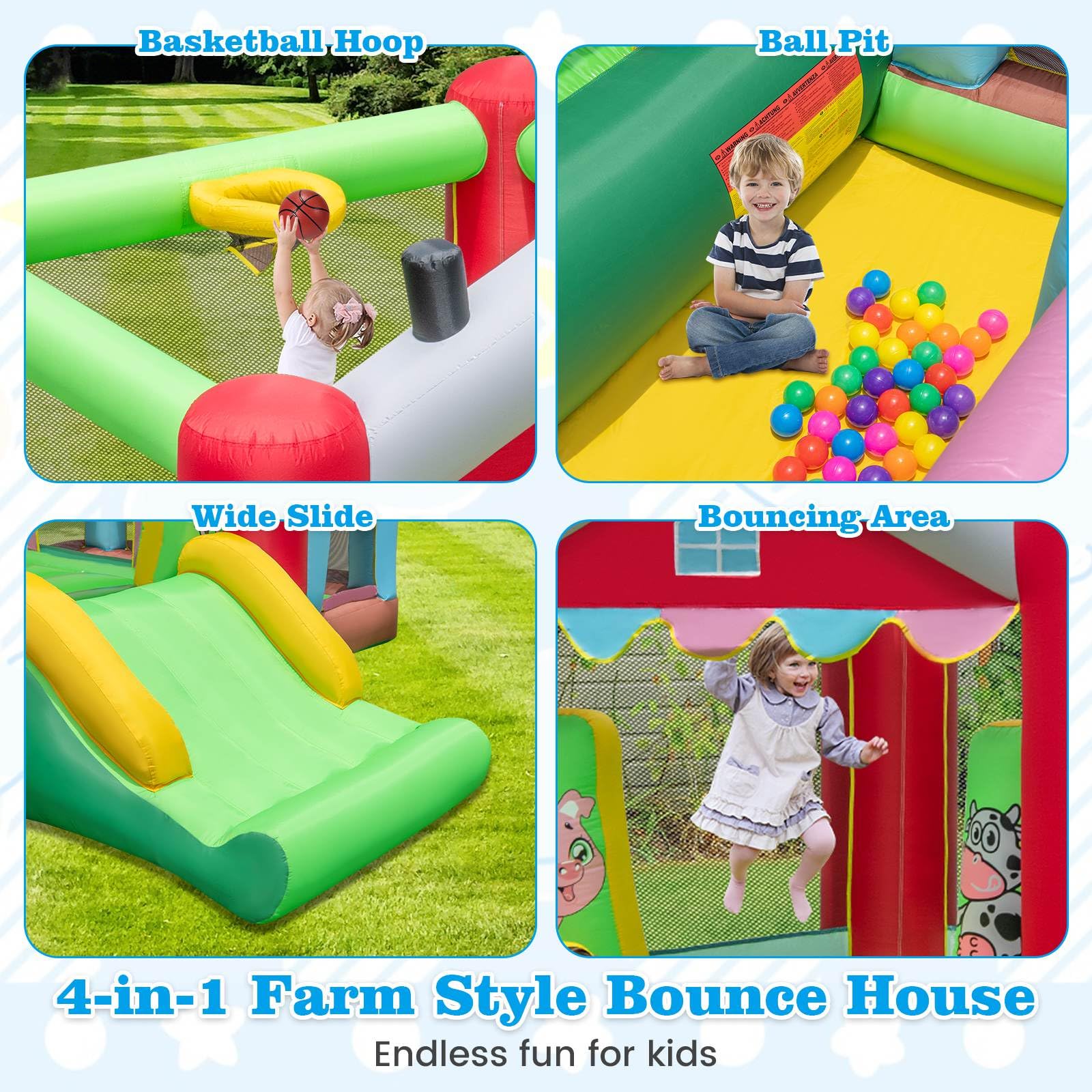 Inflatable Bounce House, 4-in-1 Farm Themed Jumping Castle with Slide - Image 3
