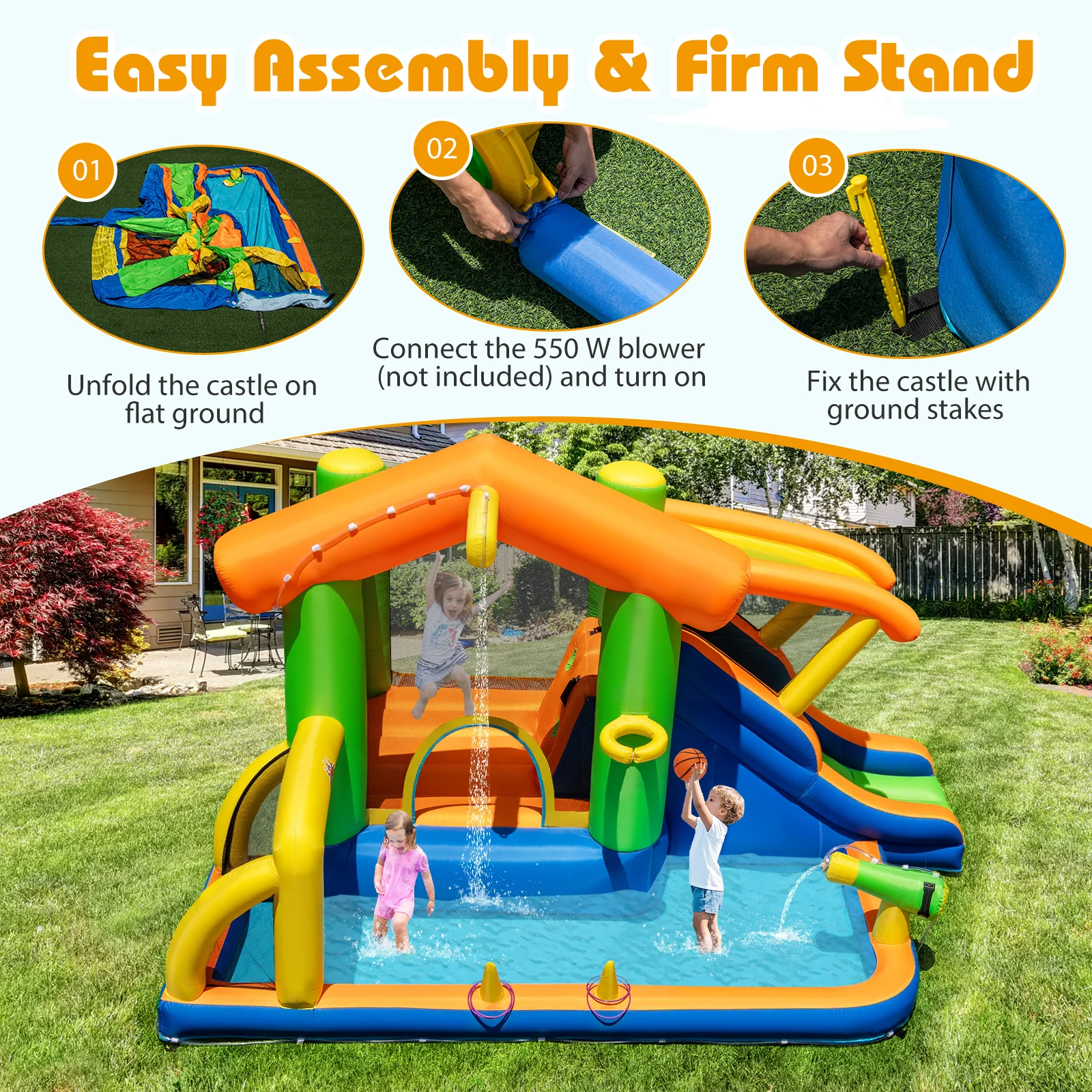 Inflatable Bounce House, 8-In-1 Multifunctional Water Park with Slide - Image 9