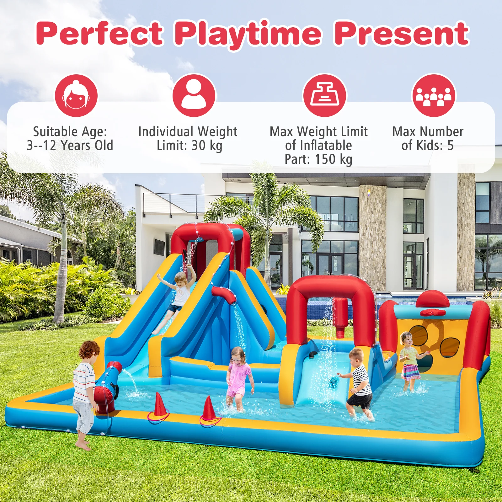 Inflatable Water Park, Water Slide with Climbing Wall Jumping House for Birthday Party - Image 8