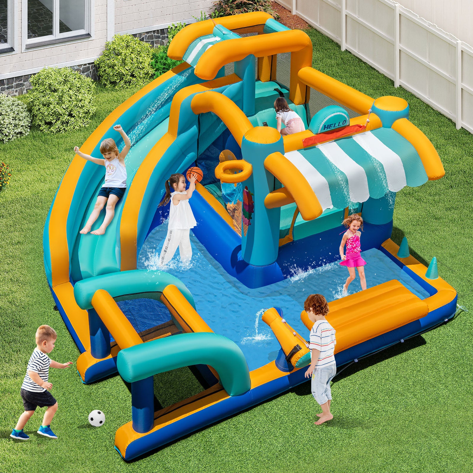 Inflatable Water Park with Market Stand, Water Slide with Climbing Wall for Birthday Party - Image 2