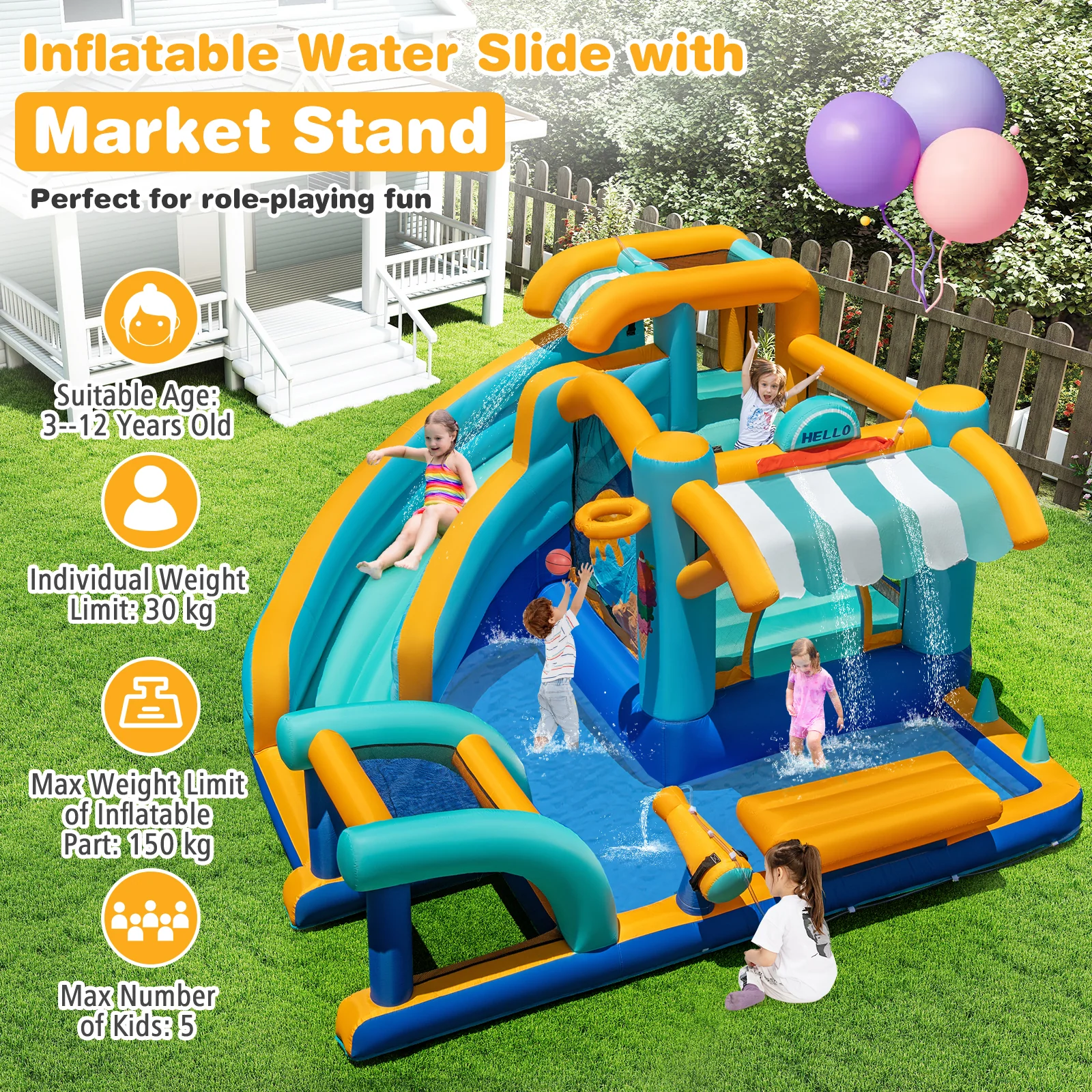 Inflatable Water Park with Market Stand, Water Slide with Climbing Wall for Birthday Party - Image 9
