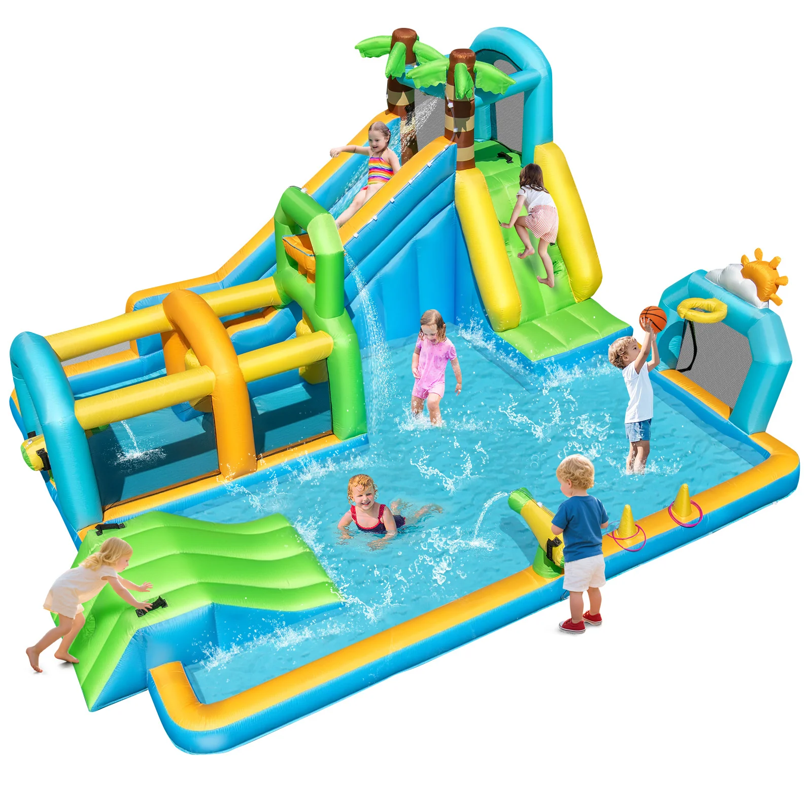 Inflatable Water Slide, Tropical Theme Dual Slide Aqua Park with Splash Pool