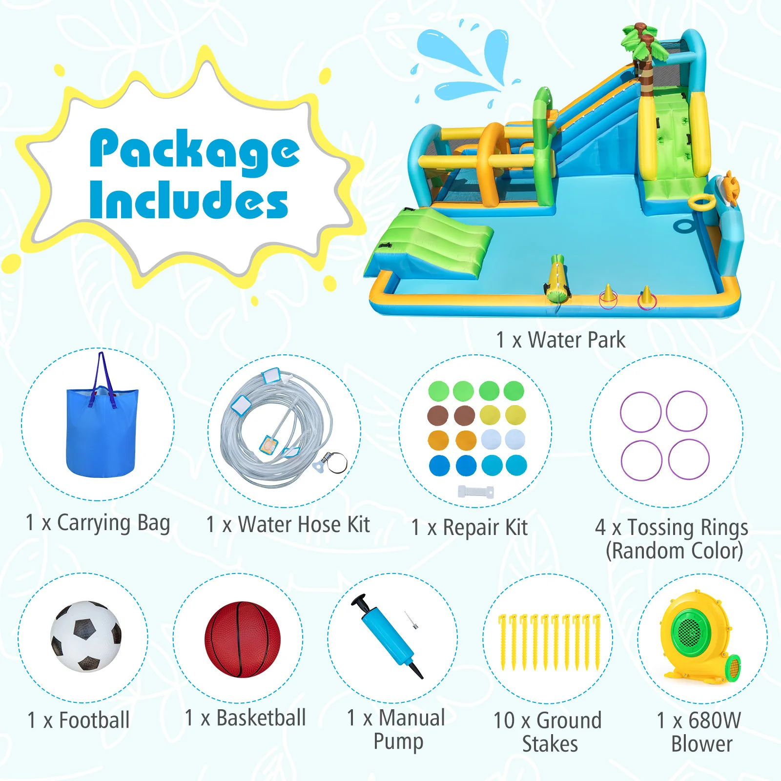 Inflatable Water Slide, Tropical Theme Dual Slide Aqua Park with Splash Pool - Image 10