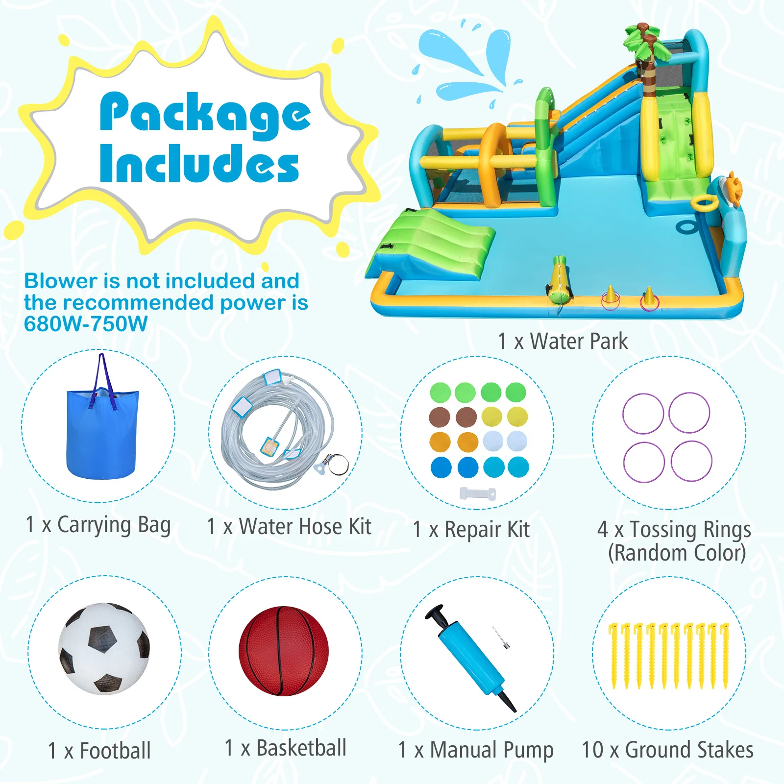 Inflatable Water Slide, Tropical Theme Dual Slide Aqua Park with Splash Pool - Image 3