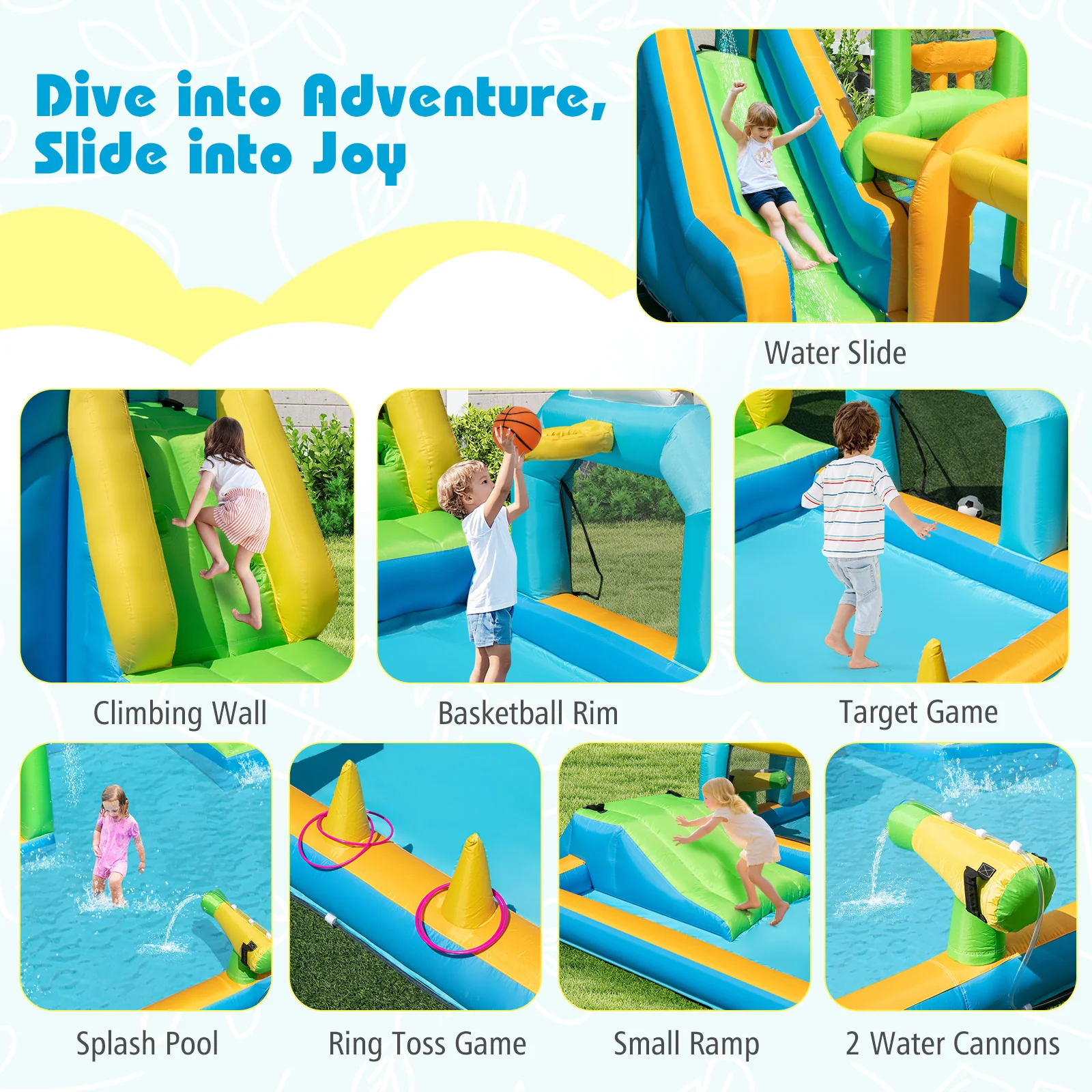Inflatable Water Slide, Tropical Theme Dual Slide Aqua Park with Splash Pool - Image 4