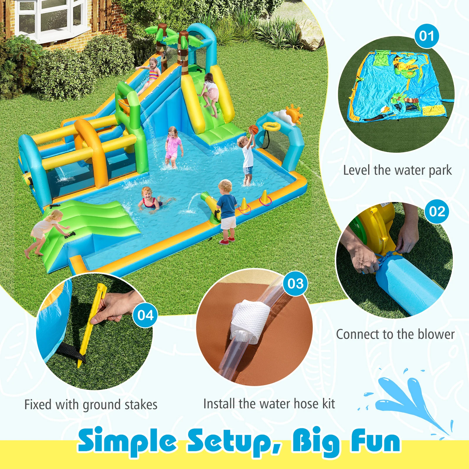 Inflatable Water Slide, Tropical Theme Dual Slide Aqua Park with Splash Pool - Image 5