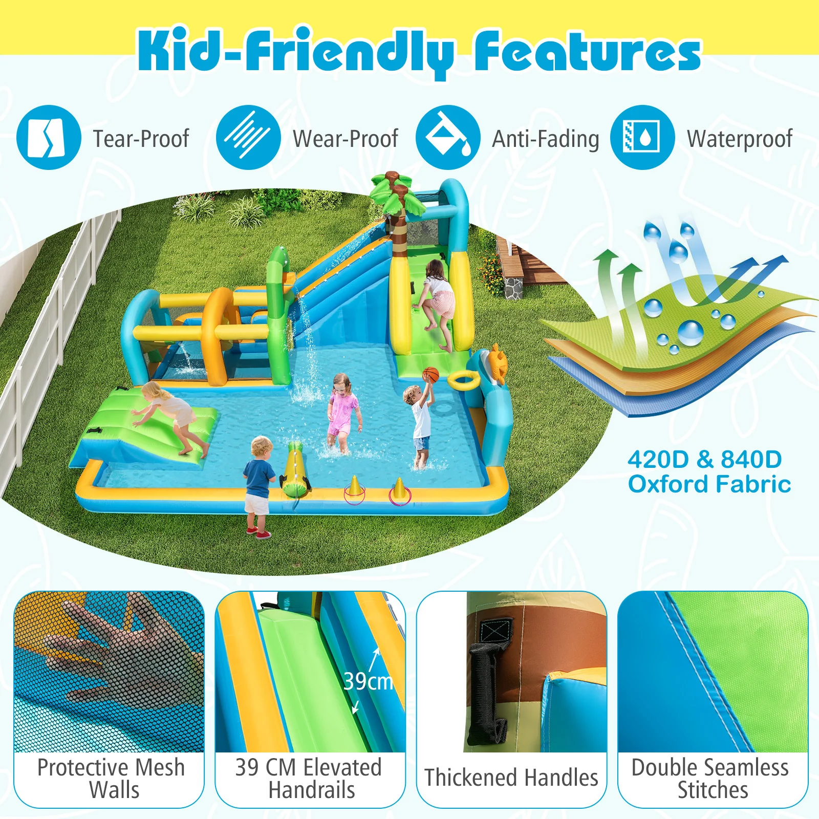 Inflatable Water Slide, Tropical Theme Dual Slide Aqua Park with Splash Pool - Image 6
