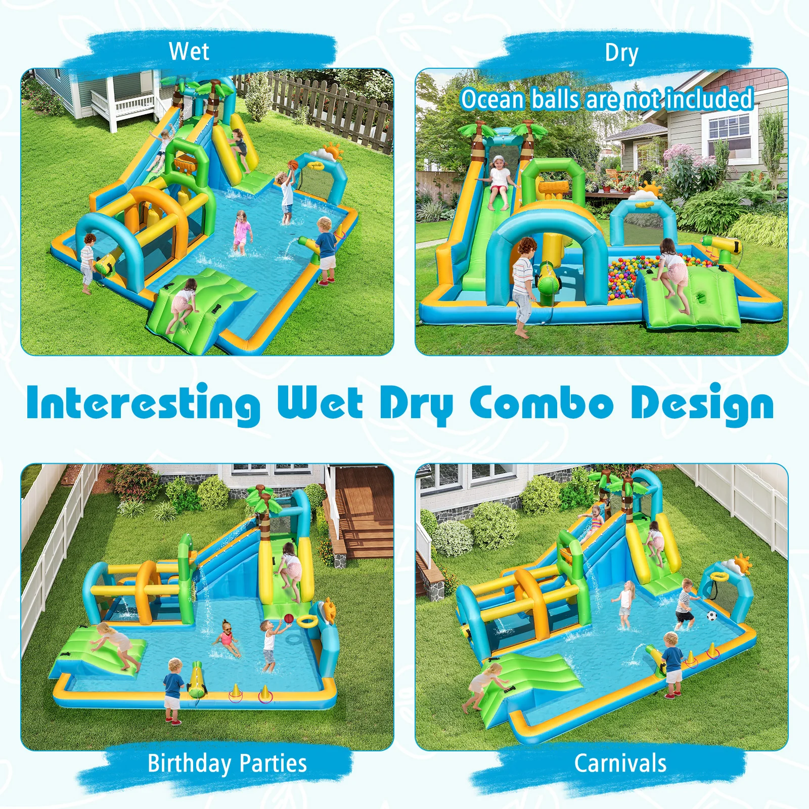 Inflatable Water Slide, Tropical Theme Dual Slide Aqua Park with Splash Pool - Image 7