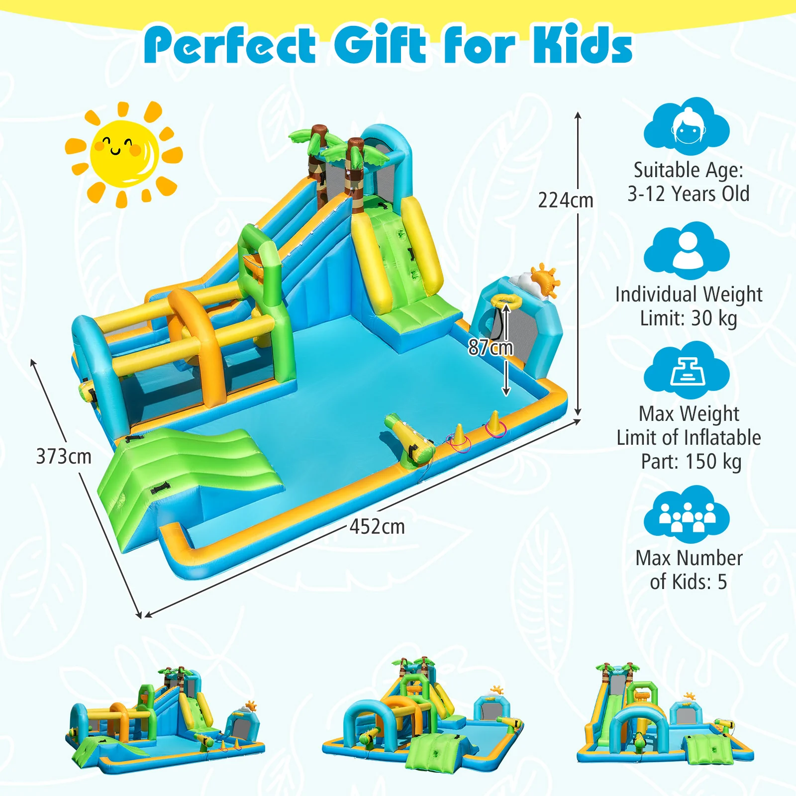 Inflatable Water Slide, Tropical Theme Dual Slide Aqua Park with Splash Pool - Image 8