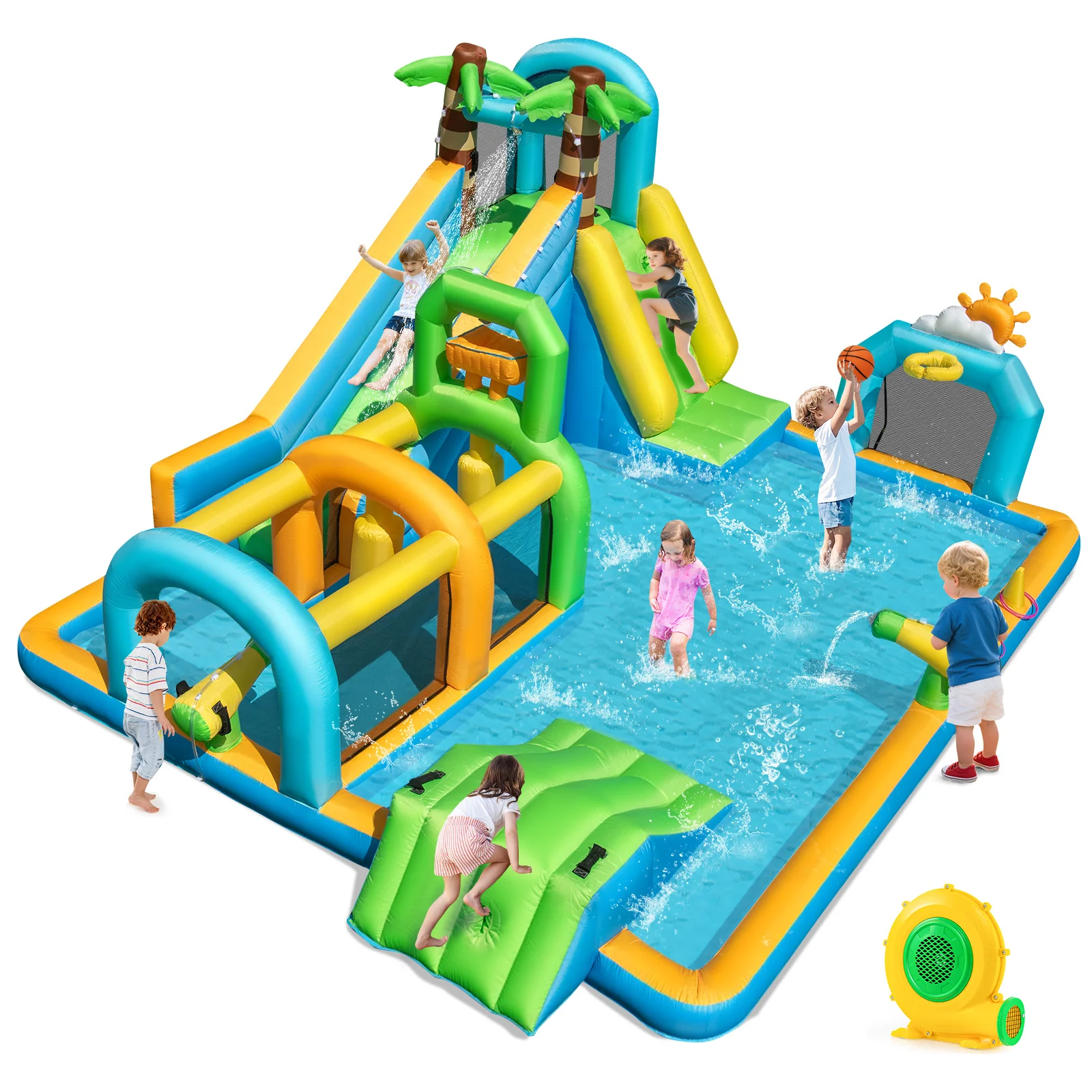 Inflatable Water Slide, Tropical Theme Dual Slide Aqua Park with Splash Pool - Image 9