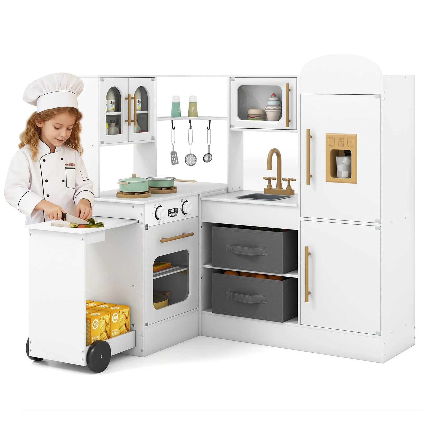 Interactive Wooden Playset with Retractable Countertop for Ages 3+