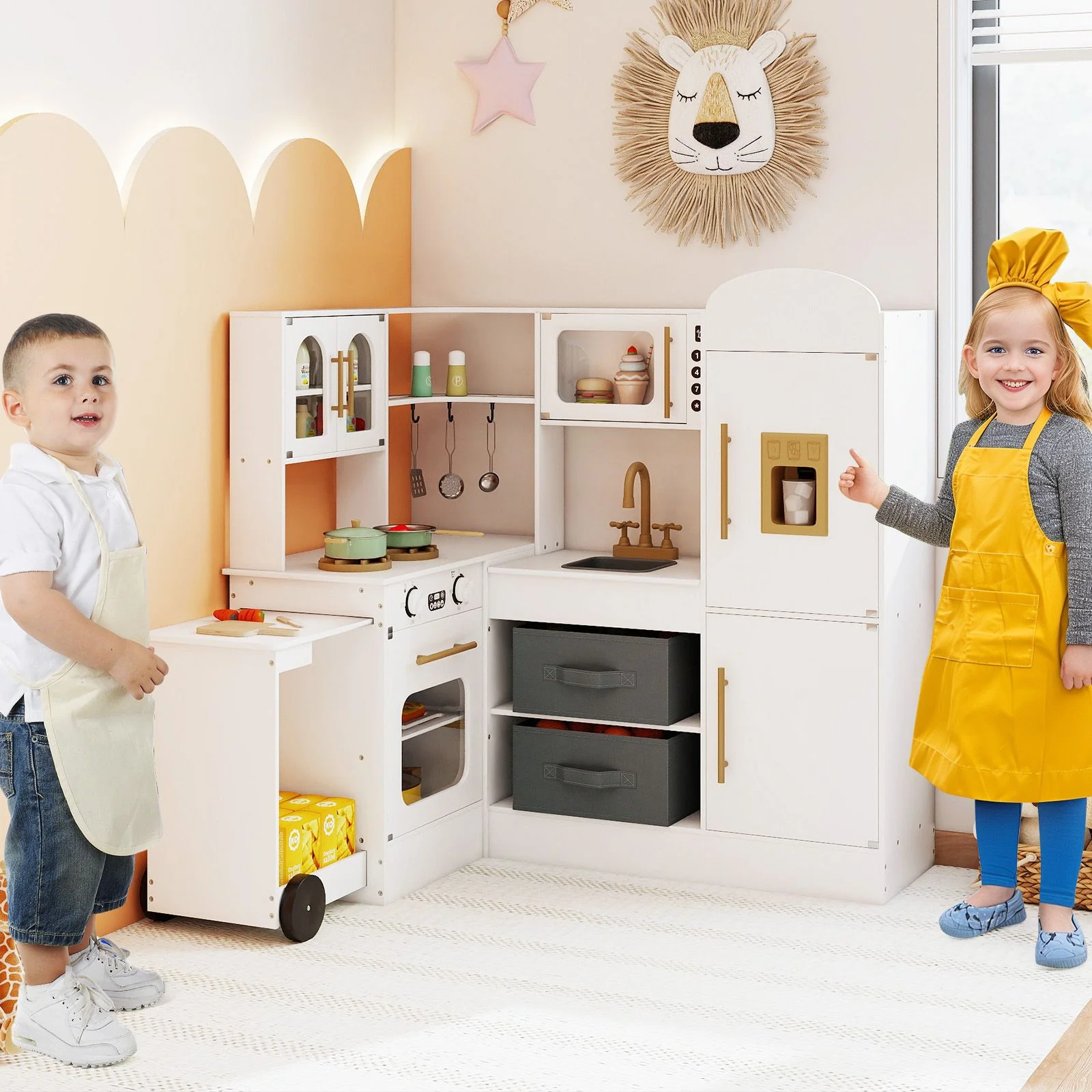 Interactive Wooden Playset with Retractable Countertop for Ages 3+ - Image 3