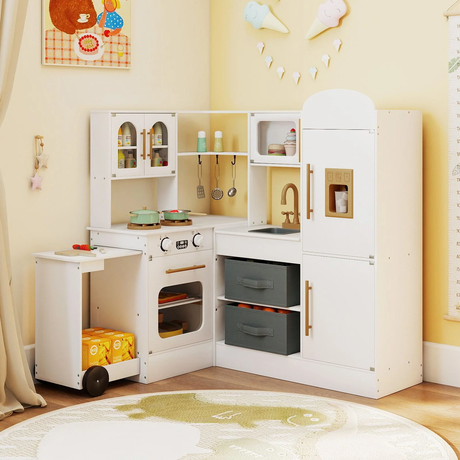 Interactive Wooden Playset with Retractable Countertop for Ages 3+ - Image 4