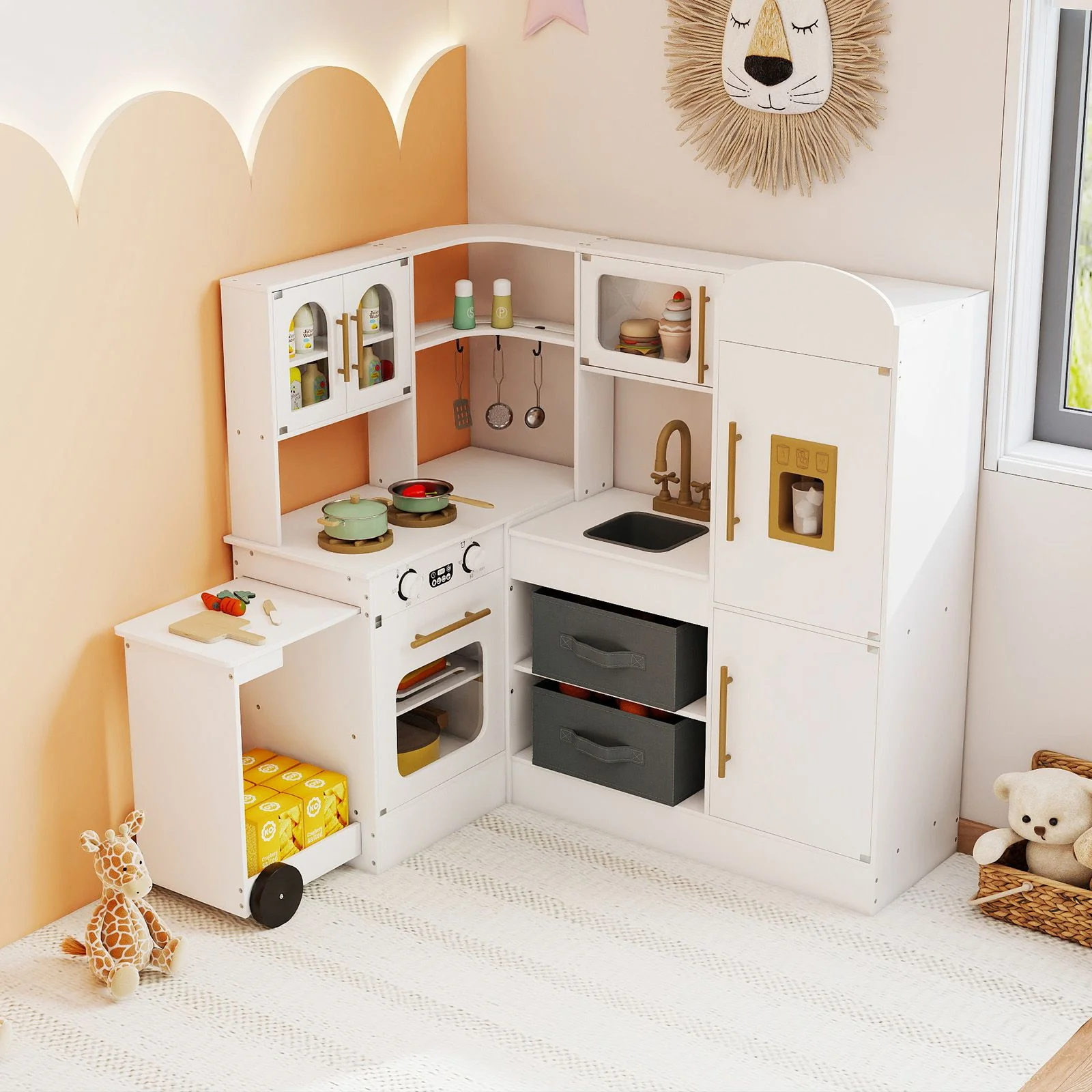 Interactive Wooden Playset with Retractable Countertop for Ages 3+ - Image 5