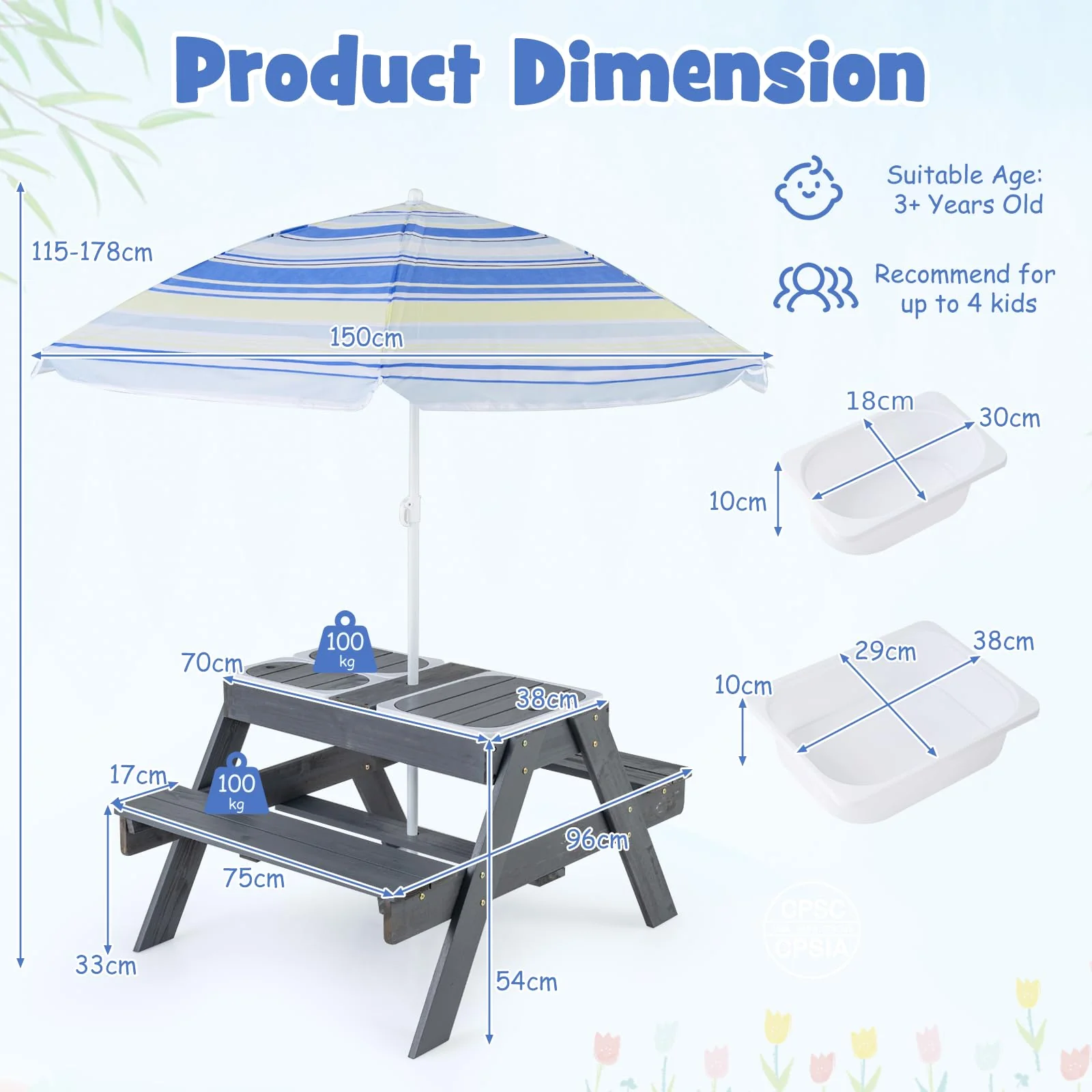 Kids 4-in-1 Sand and Water Table with Removable Boxes and Umbrella - Image 3