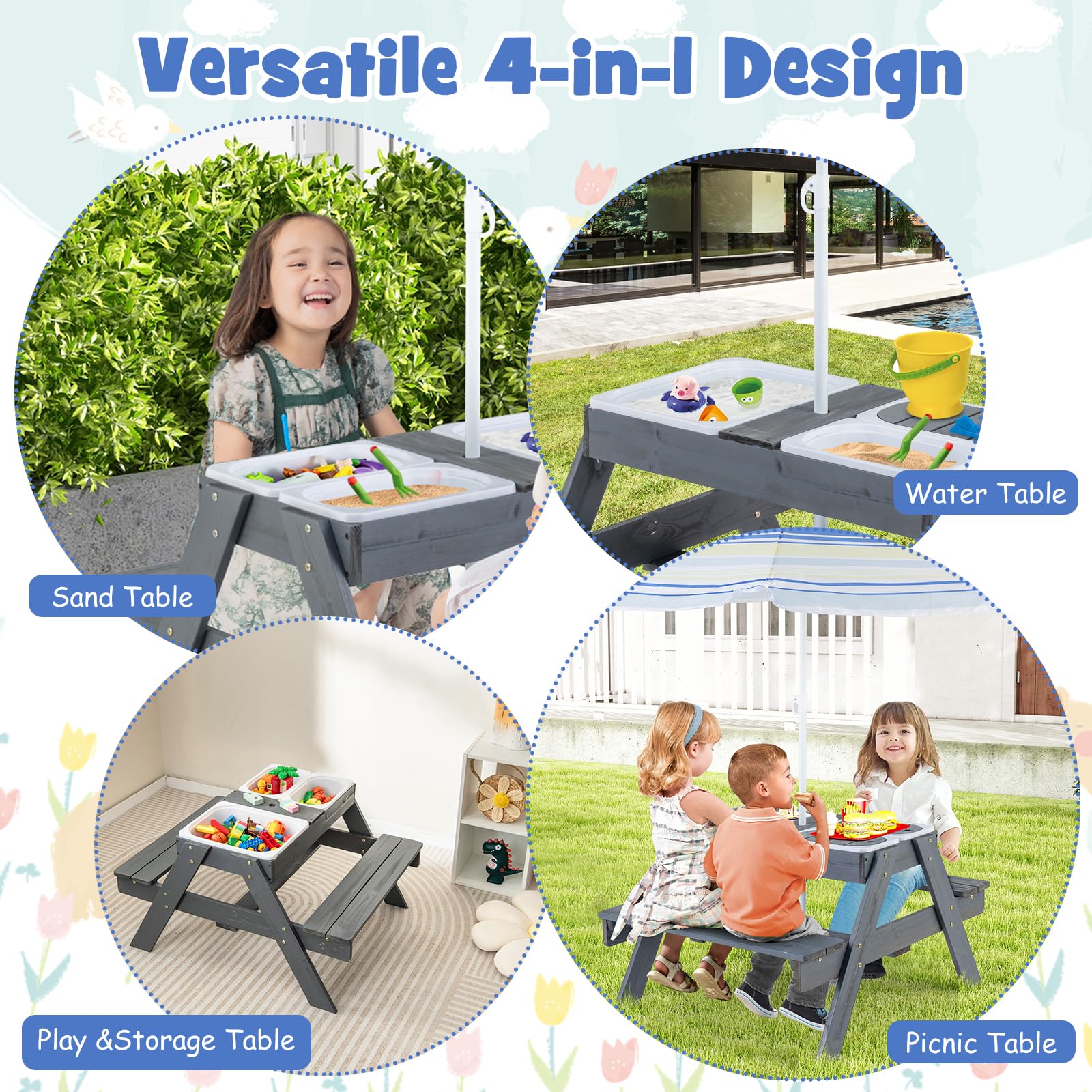 Kids 4-in-1 Sand and Water Table with Removable Boxes and Umbrella - Image 4