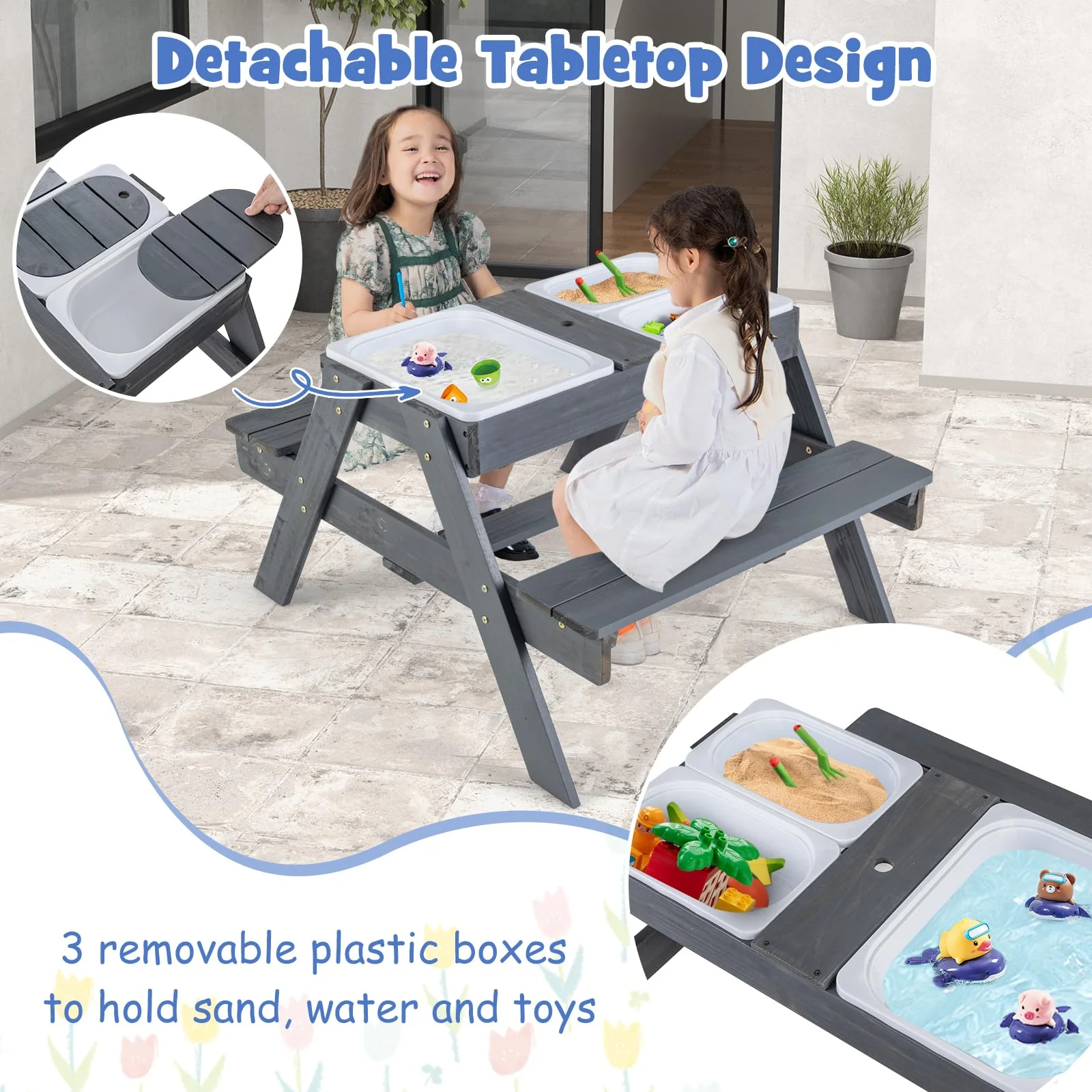 Kids 4-in-1 Sand and Water Table with Removable Boxes and Umbrella - Image 7
