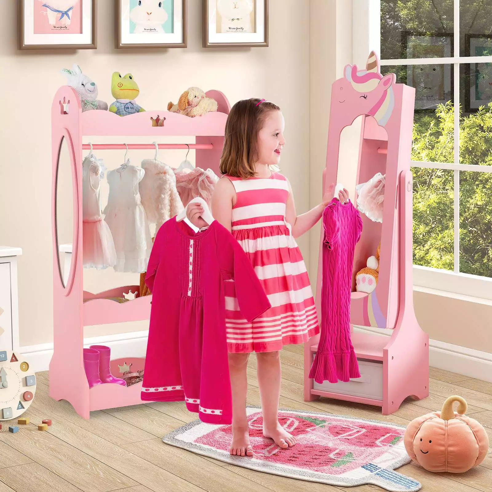 Kids Armoire Cabinet with Mirror Adjustable Standing Jewelry Organiser w/Drawer - Image 10