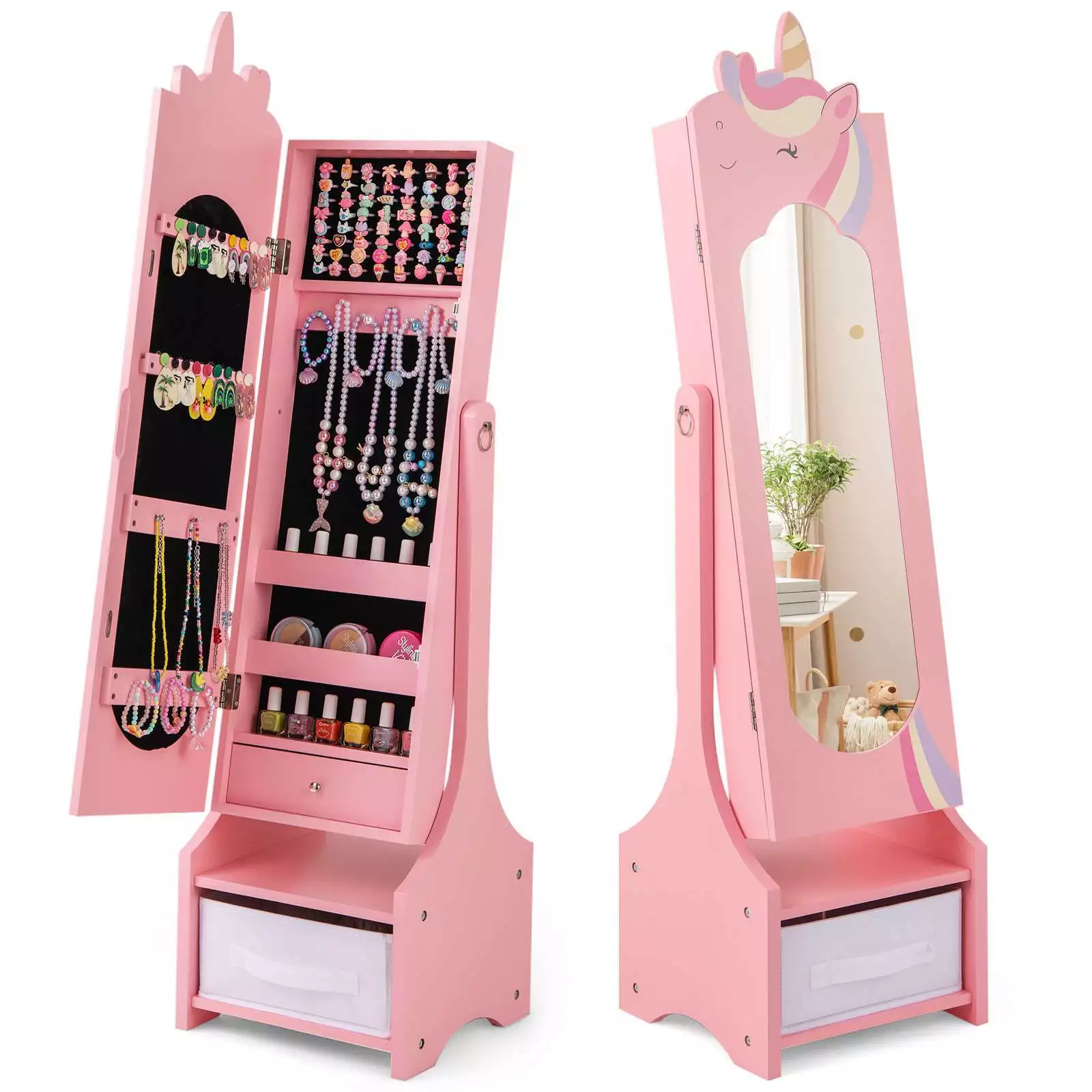 Kids Armoire Cabinet with Mirror Adjustable Standing Jewelry Organiser w/Drawer - Image 11