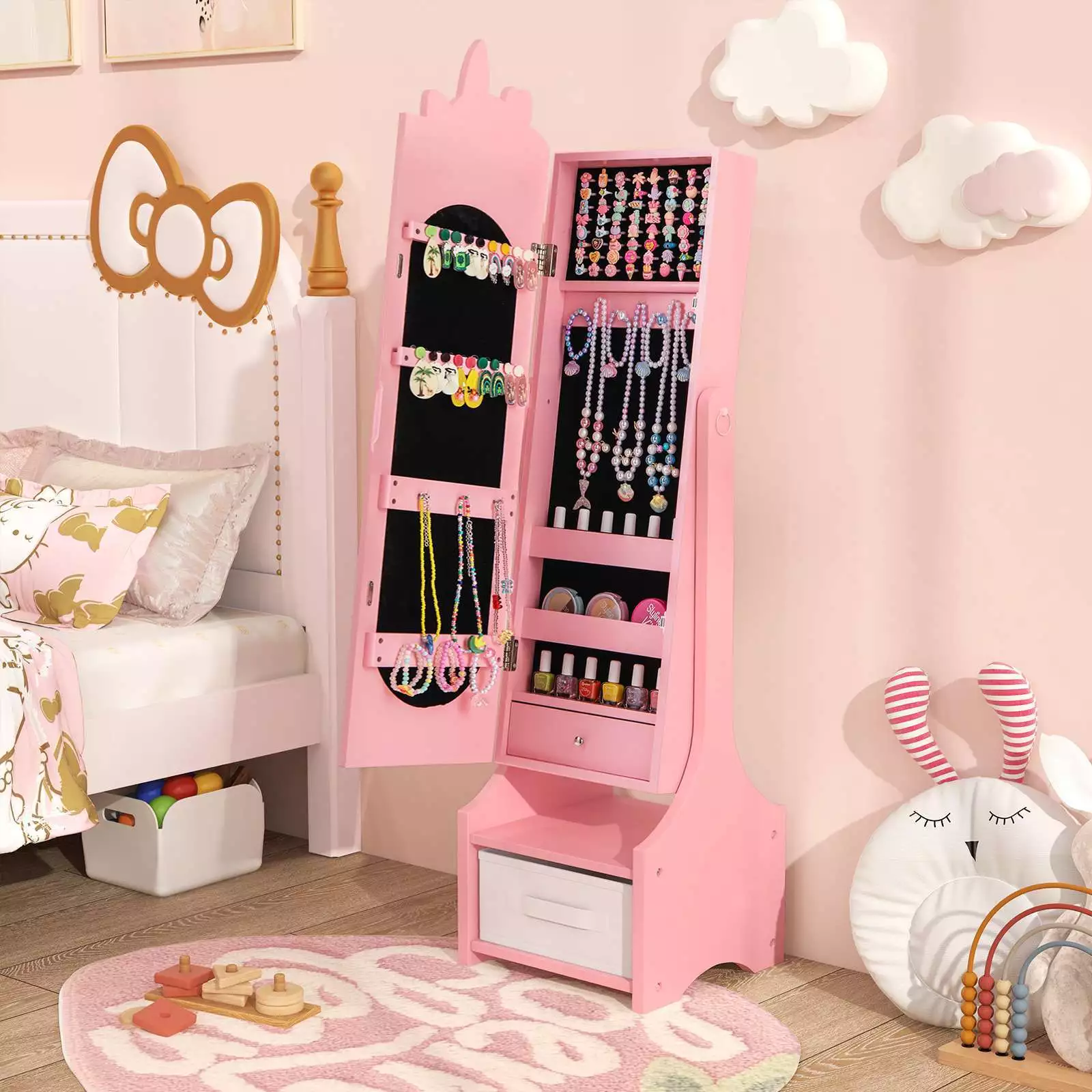 Kids Armoire Cabinet with Mirror Adjustable Standing Jewelry Organiser w/Drawer - Image 3