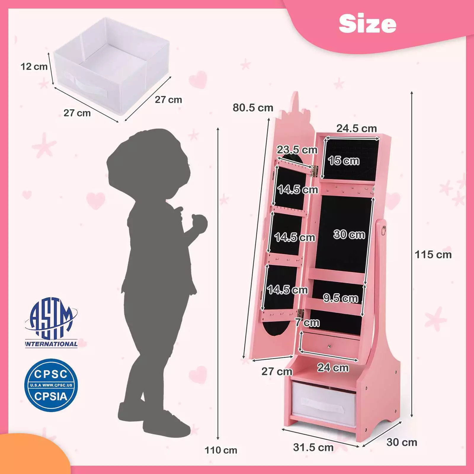 Kids Armoire Cabinet with Mirror Adjustable Standing Jewelry Organiser w/Drawer - Image 4