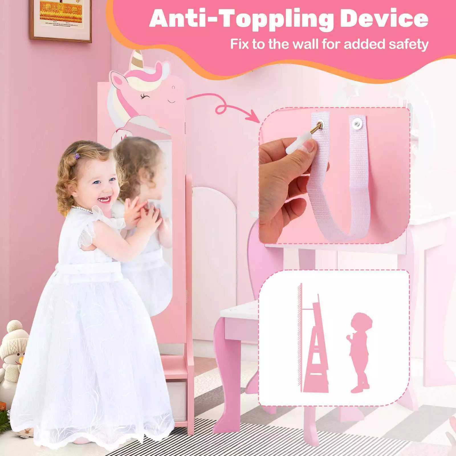Kids Armoire Cabinet with Mirror Adjustable Standing Jewelry Organiser w/Drawer - Image 6