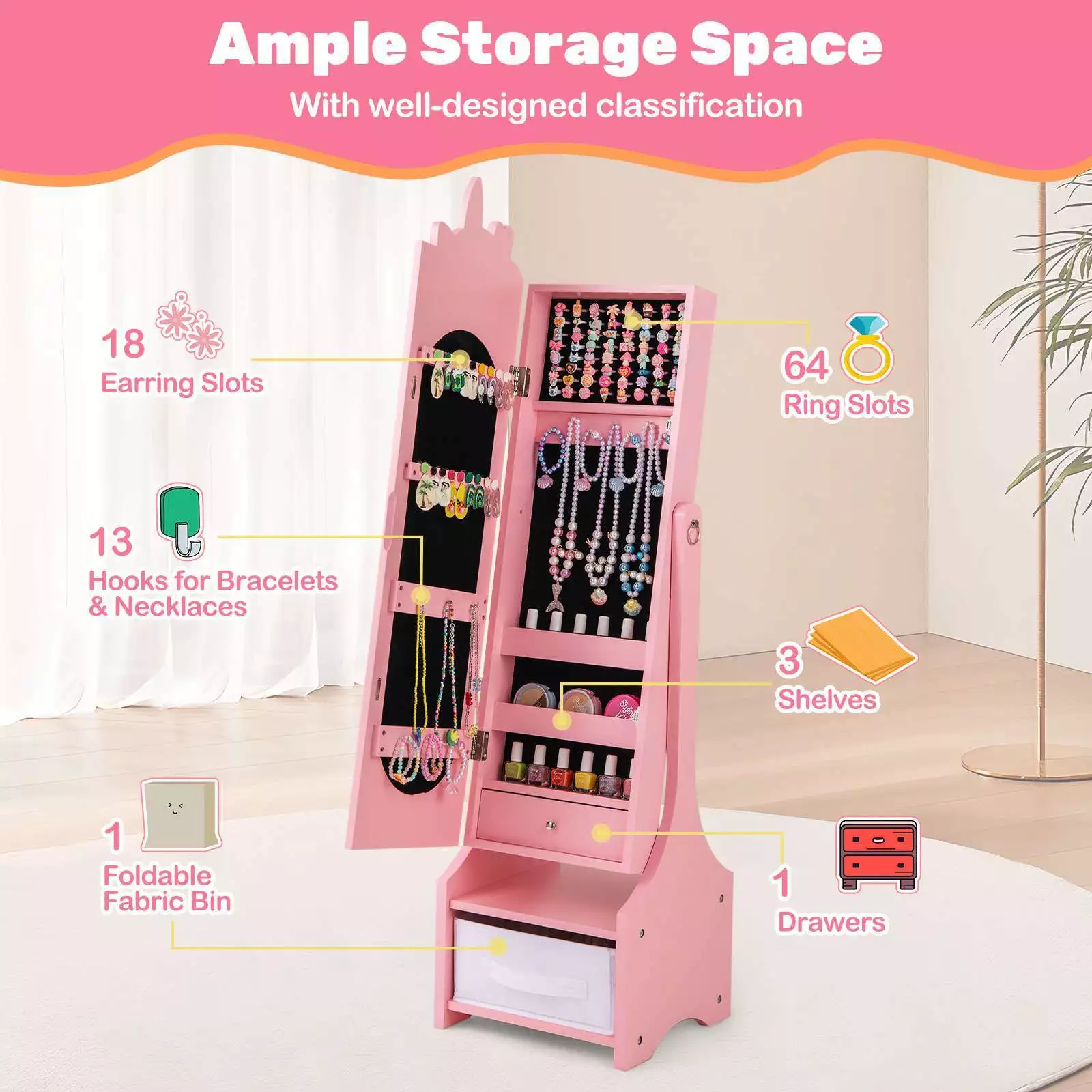 Kids Armoire Cabinet with Mirror Adjustable Standing Jewelry Organiser w/Drawer - Image 7