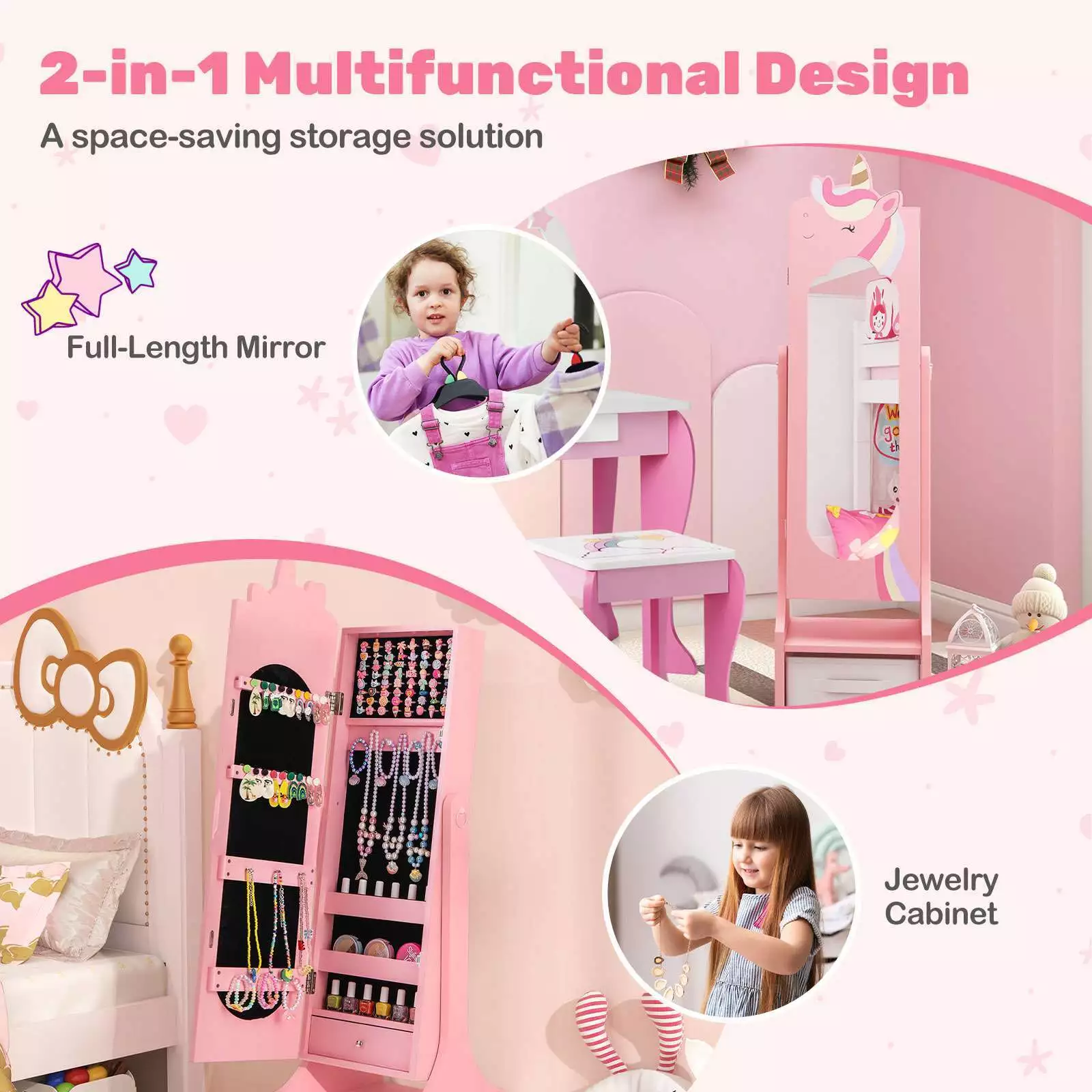 Kids Armoire Cabinet with Mirror Adjustable Standing Jewelry Organiser w/Drawer - Image 8