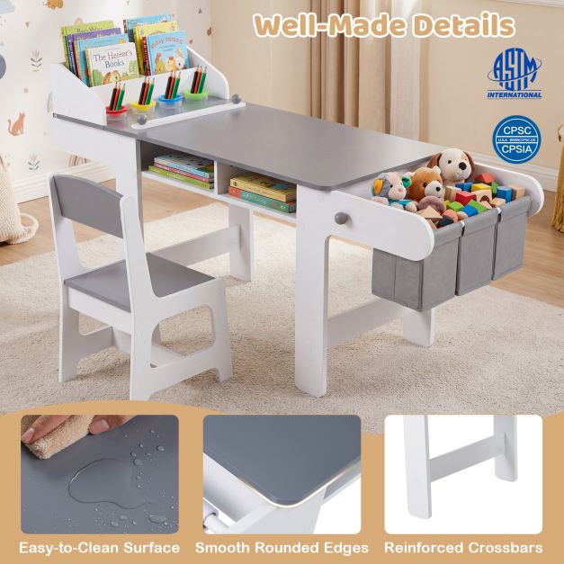 Kids Art Table and Chair Set with Paper Roll and 4 Paint Cups - Image 4