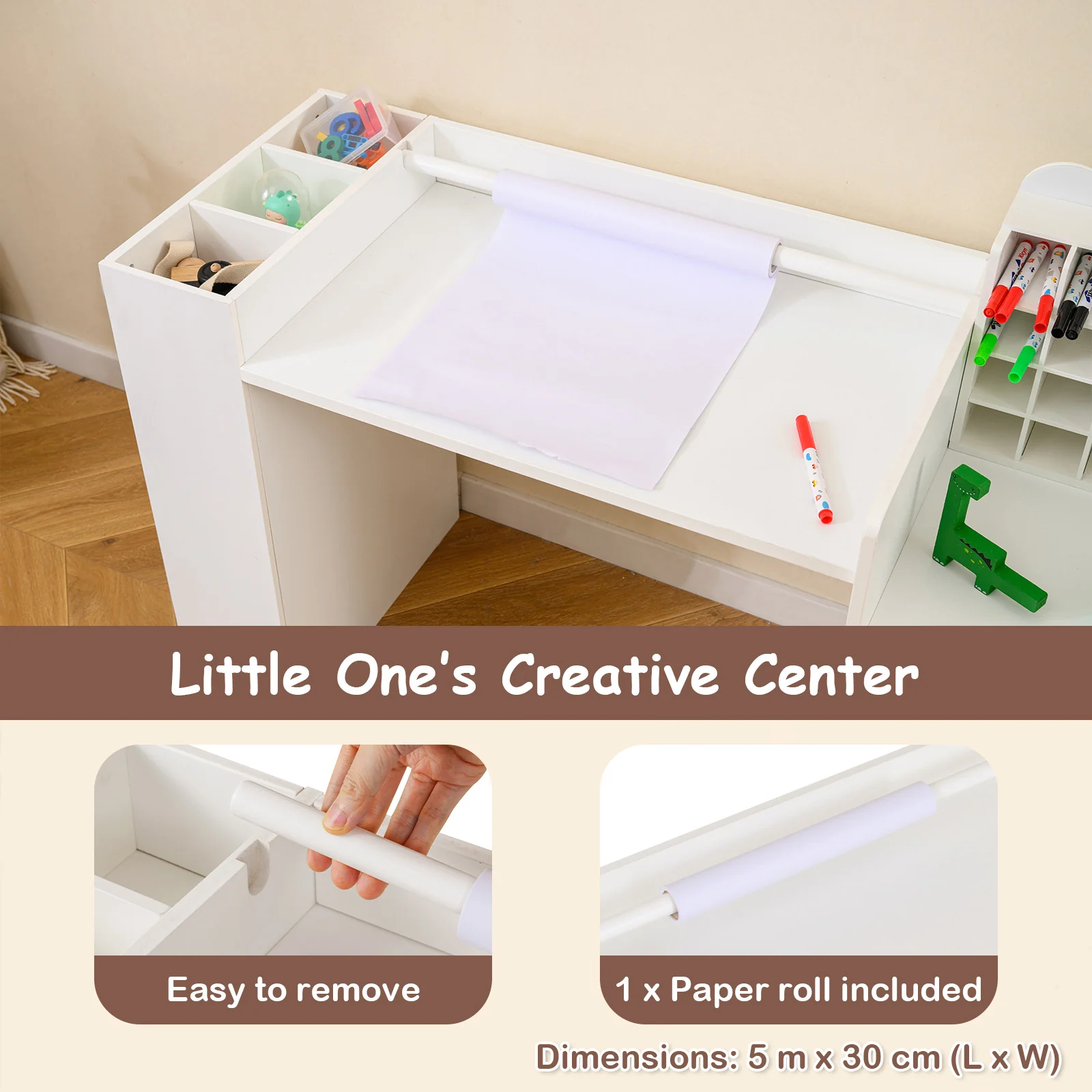 Kids Art Table & Chair Set, Toddler Painting Desk w/Detachable Paper Roll Holder & Cubby Cabinet - Image 5