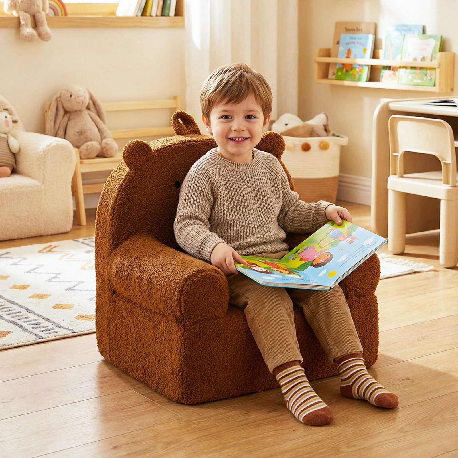 Kids Bear Sofa with Soft Fleece Fabric Cover for Playroom - Image 3