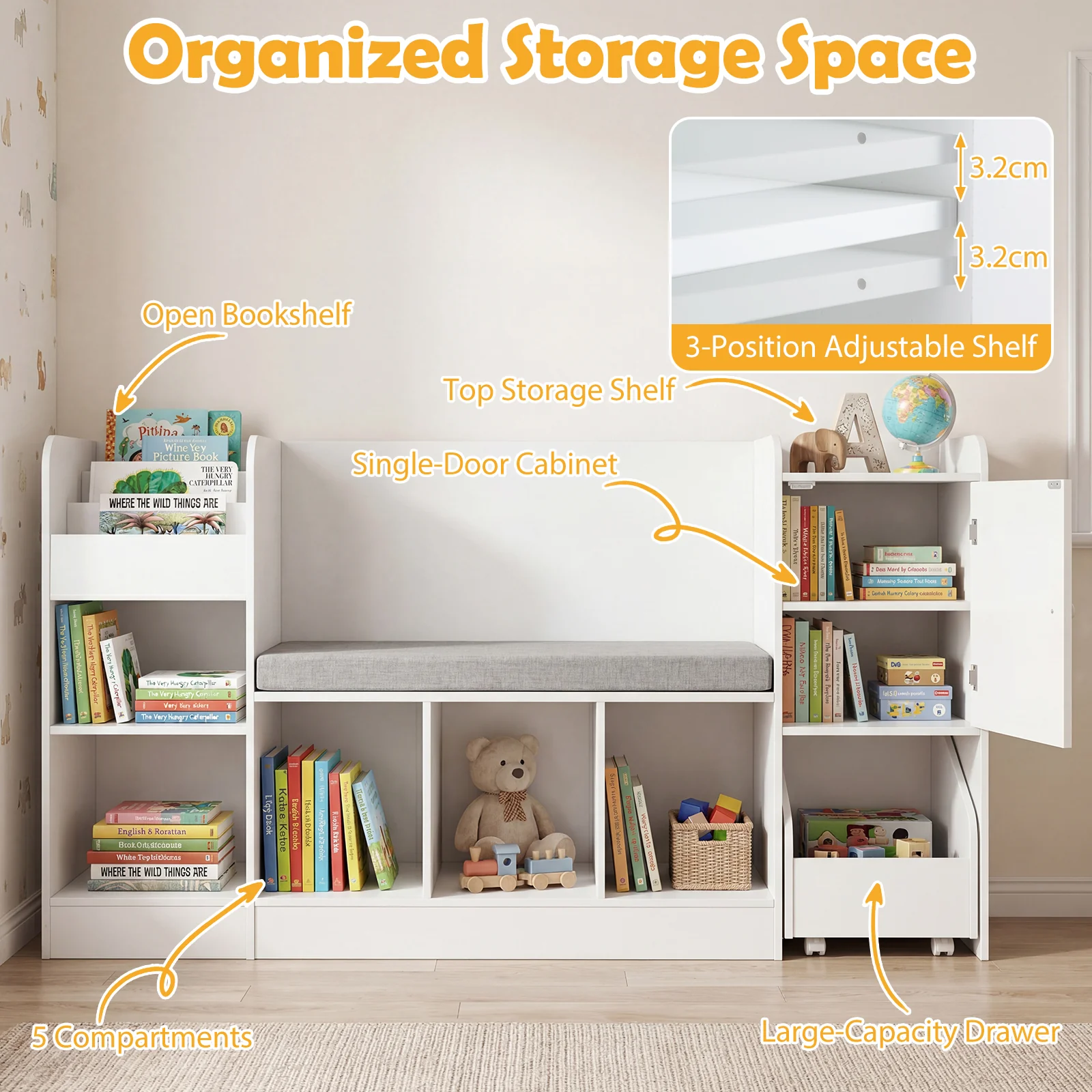 Kids Bookcase and Bookshelf with Reading Nook - Image 5