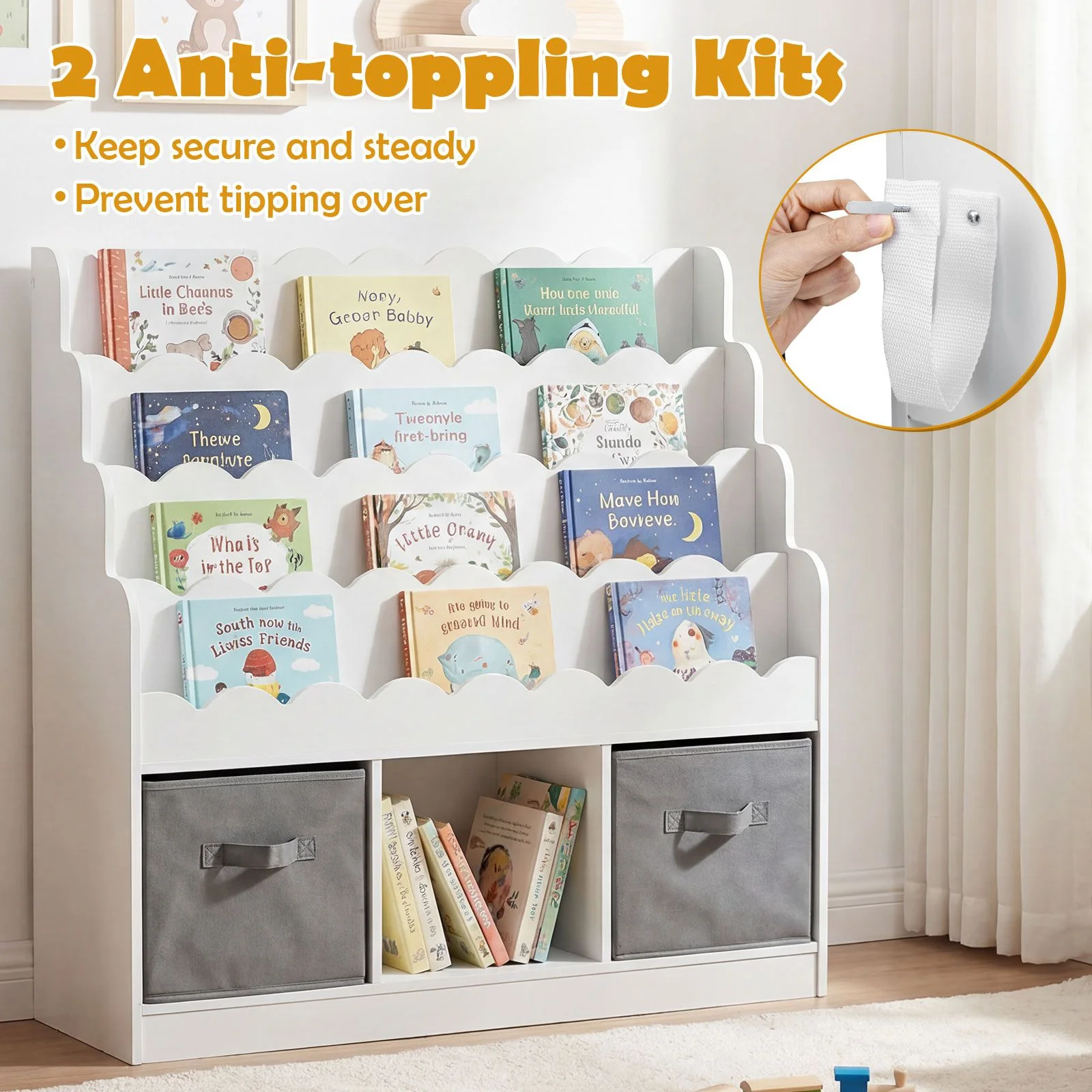 Kids Bookshelf and Toy Storage 4-Tier Toddler Bookcase with 2 Foldable Fabric Drawers - Image 6