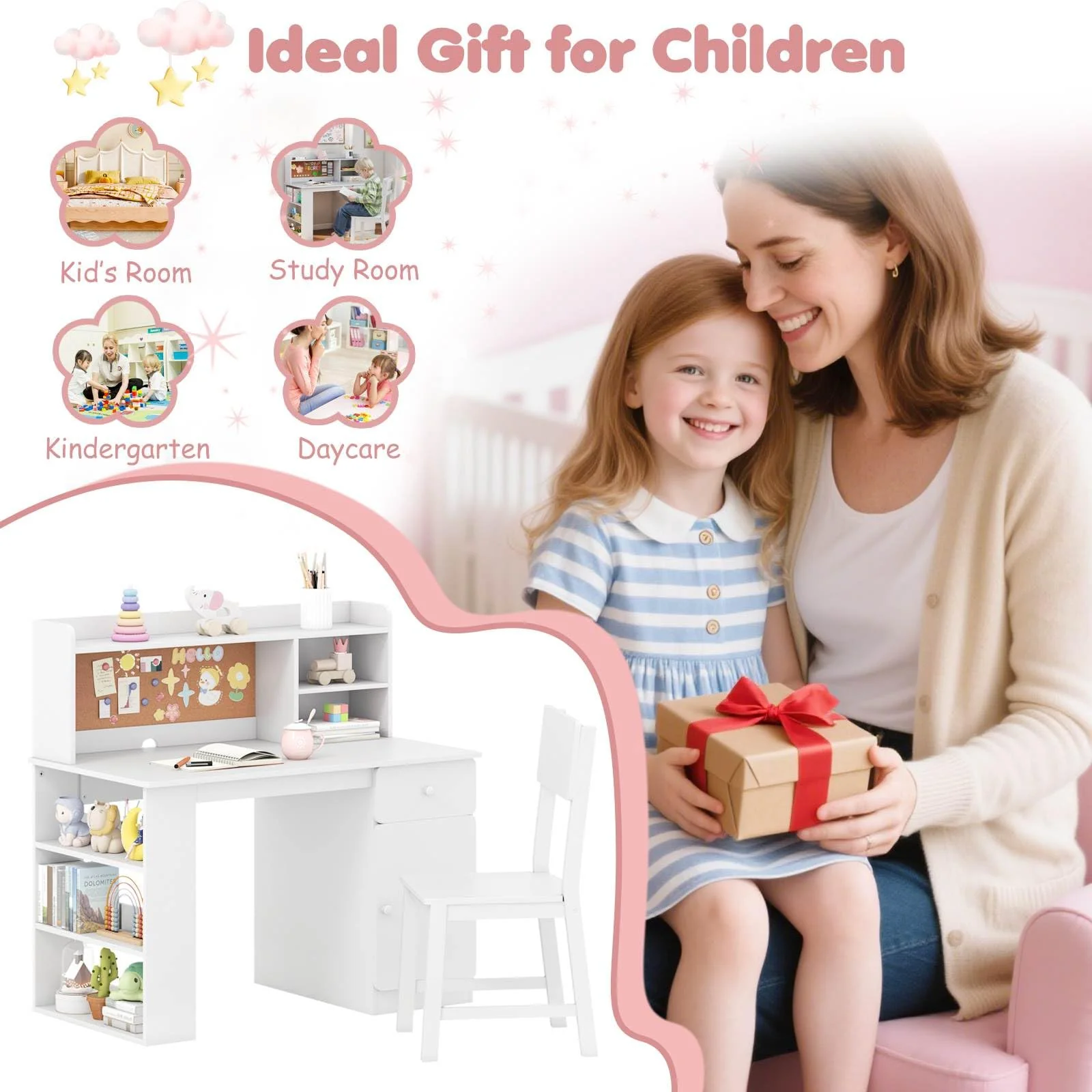Kids Desk and Chair Set, Children Study Desk with Chair, Hutch & 3-Layer Side Shelf - Image 10
