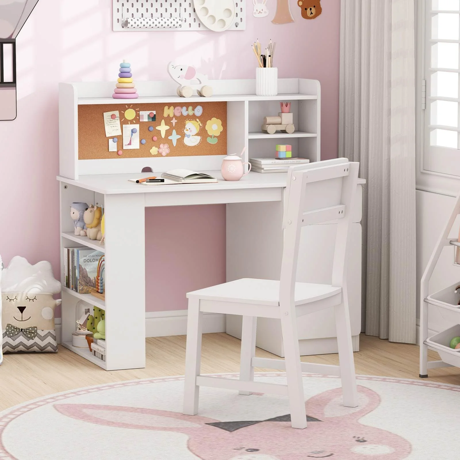 Kids Desk and Chair Set, Children Study Desk with Chair, Hutch & 3-Layer Side Shelf - Image 11