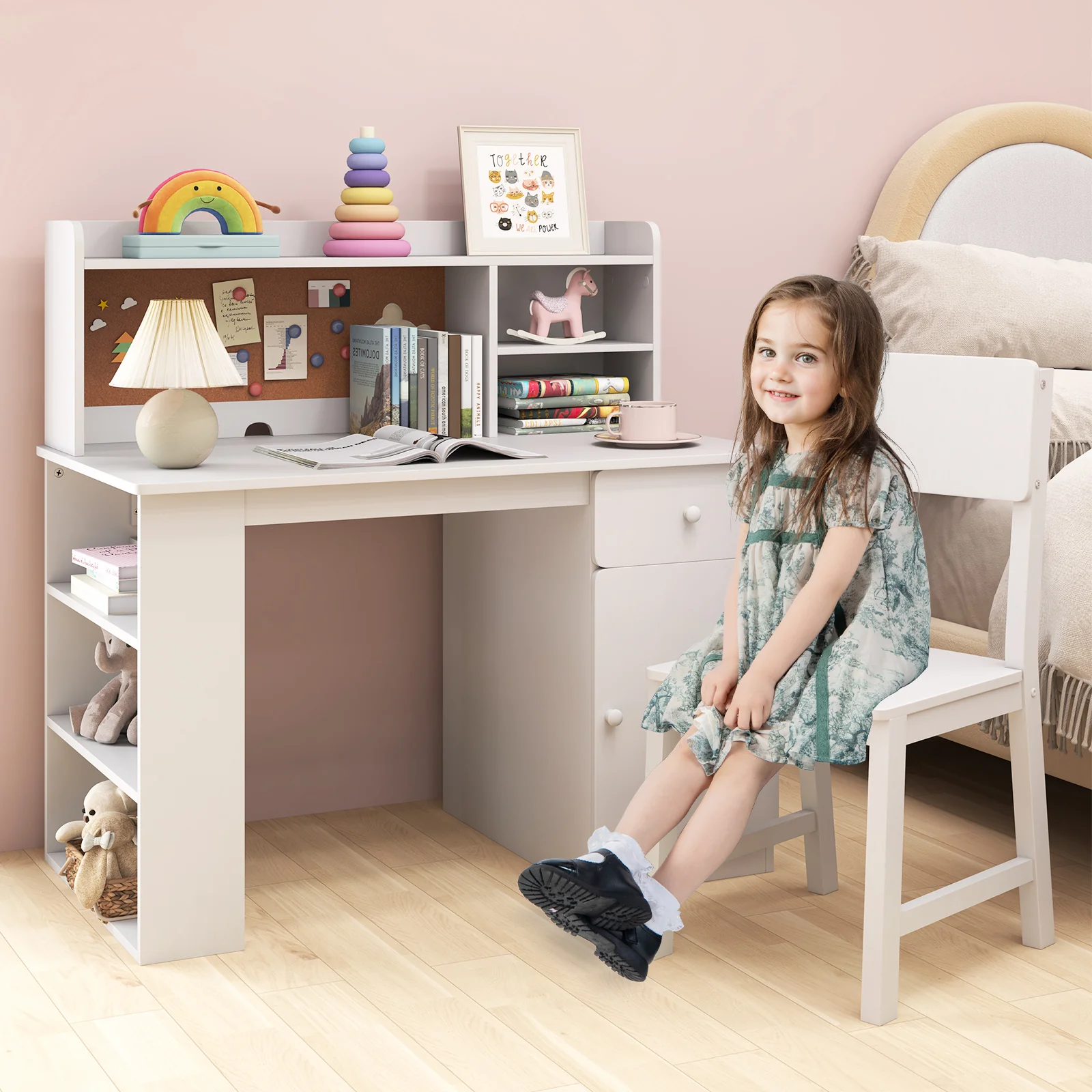 Kids Desk and Chair Set, Children Study Desk with Chair, Hutch & 3-Layer Side Shelf - Image 2