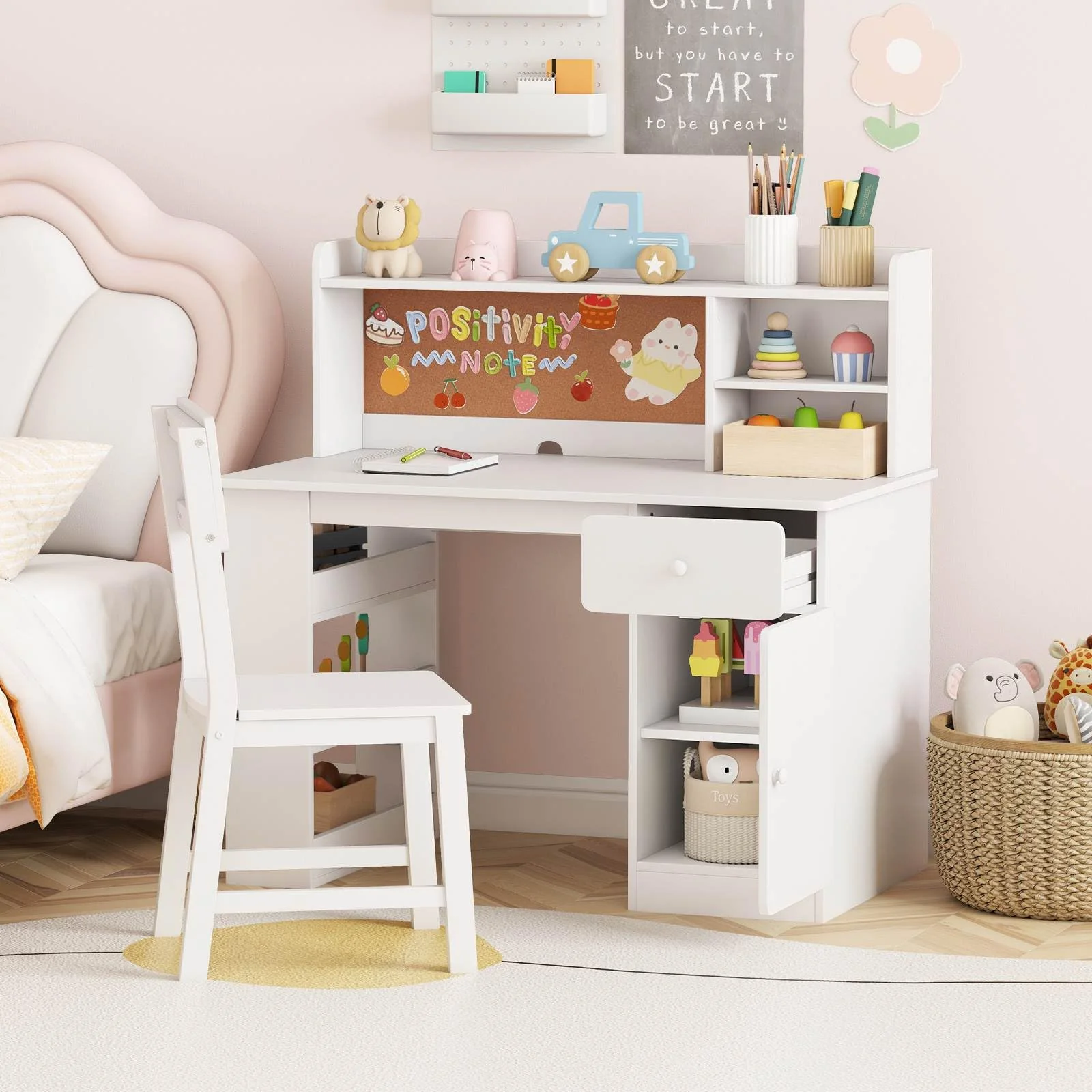 Kids Desk and Chair Set, Children Study Desk with Chair, Hutch & 3-Layer Side Shelf - Image 3