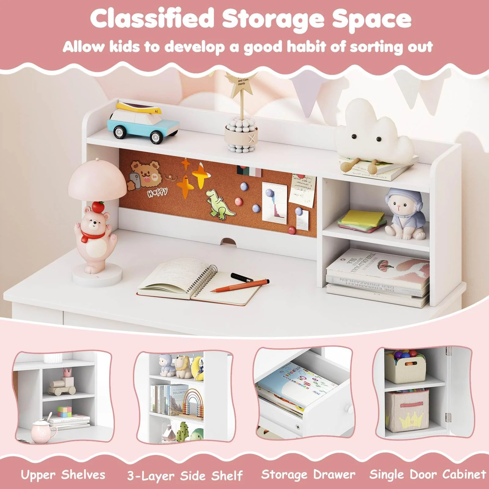 Kids Desk and Chair Set, Children Study Desk with Chair, Hutch & 3-Layer Side Shelf - Image 4