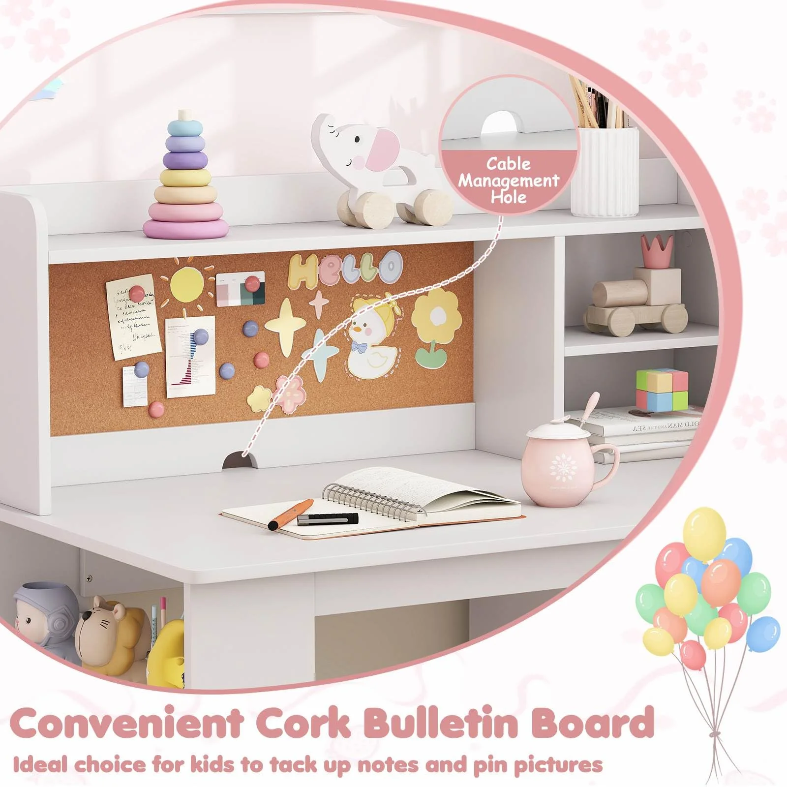 Kids Desk and Chair Set, Children Study Desk with Chair, Hutch & 3-Layer Side Shelf - Image 5