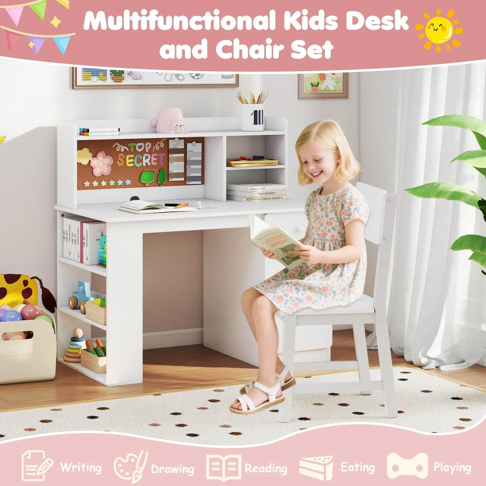 Kids Desk and Chair Set, Children Study Desk with Chair, Hutch & 3-Layer Side Shelf - Image 6
