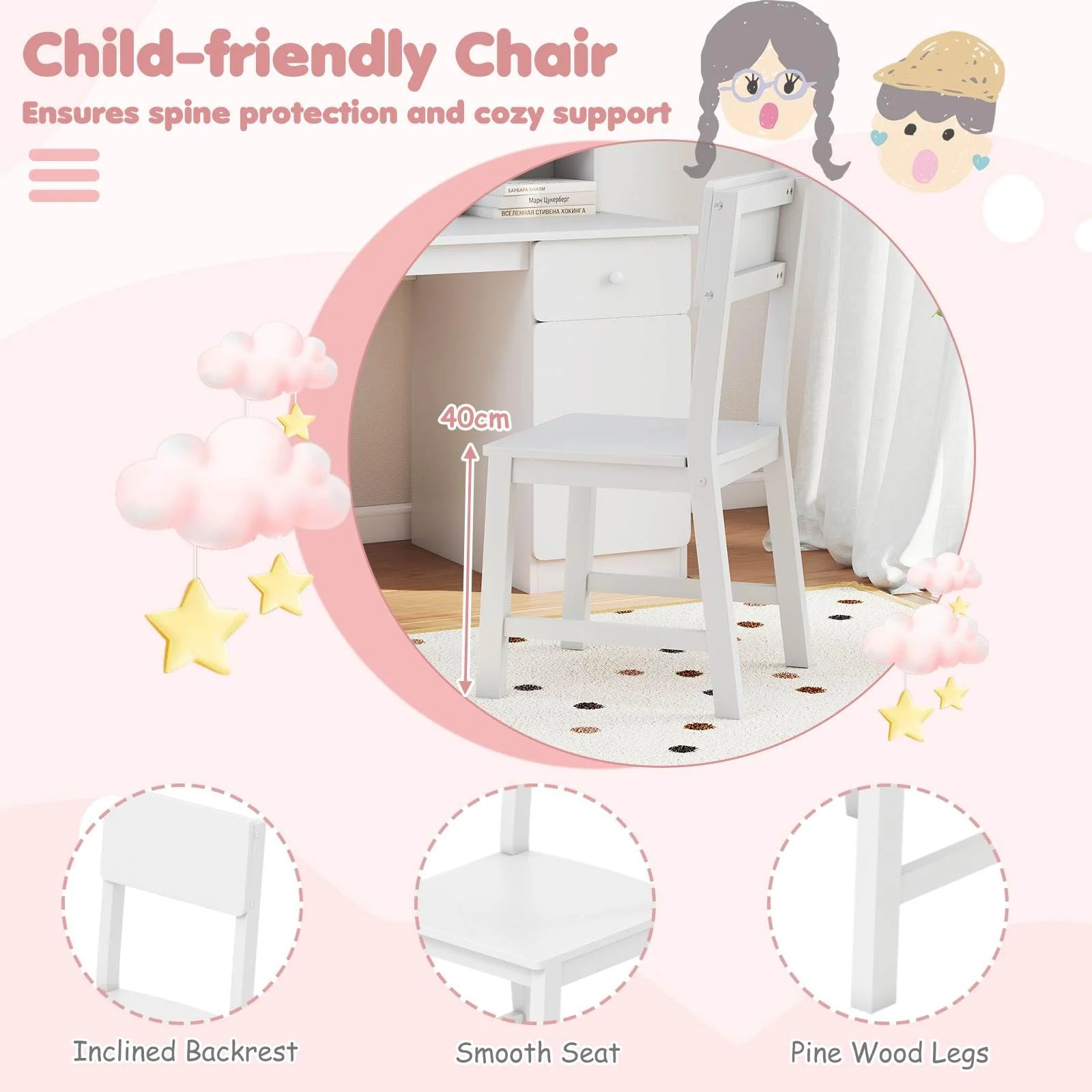 Kids Desk and Chair Set, Children Study Desk with Chair, Hutch & 3-Layer Side Shelf - Image 7