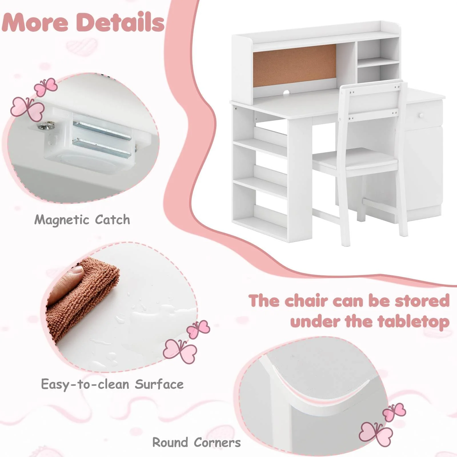 Kids Desk and Chair Set, Children Study Desk with Chair, Hutch & 3-Layer Side Shelf - Image 9