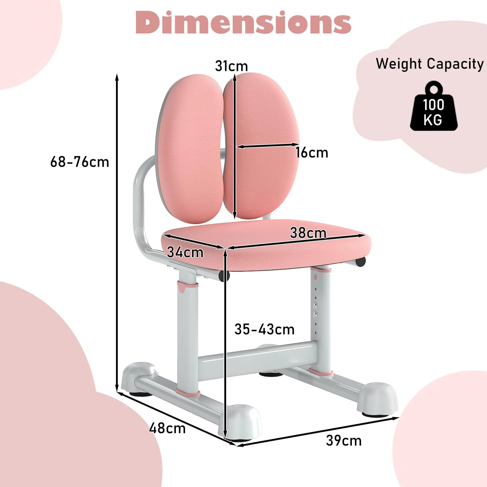 Kids Desk Chair, Children Study Chair w/Double Back Support & Adjustable Height - Image 3