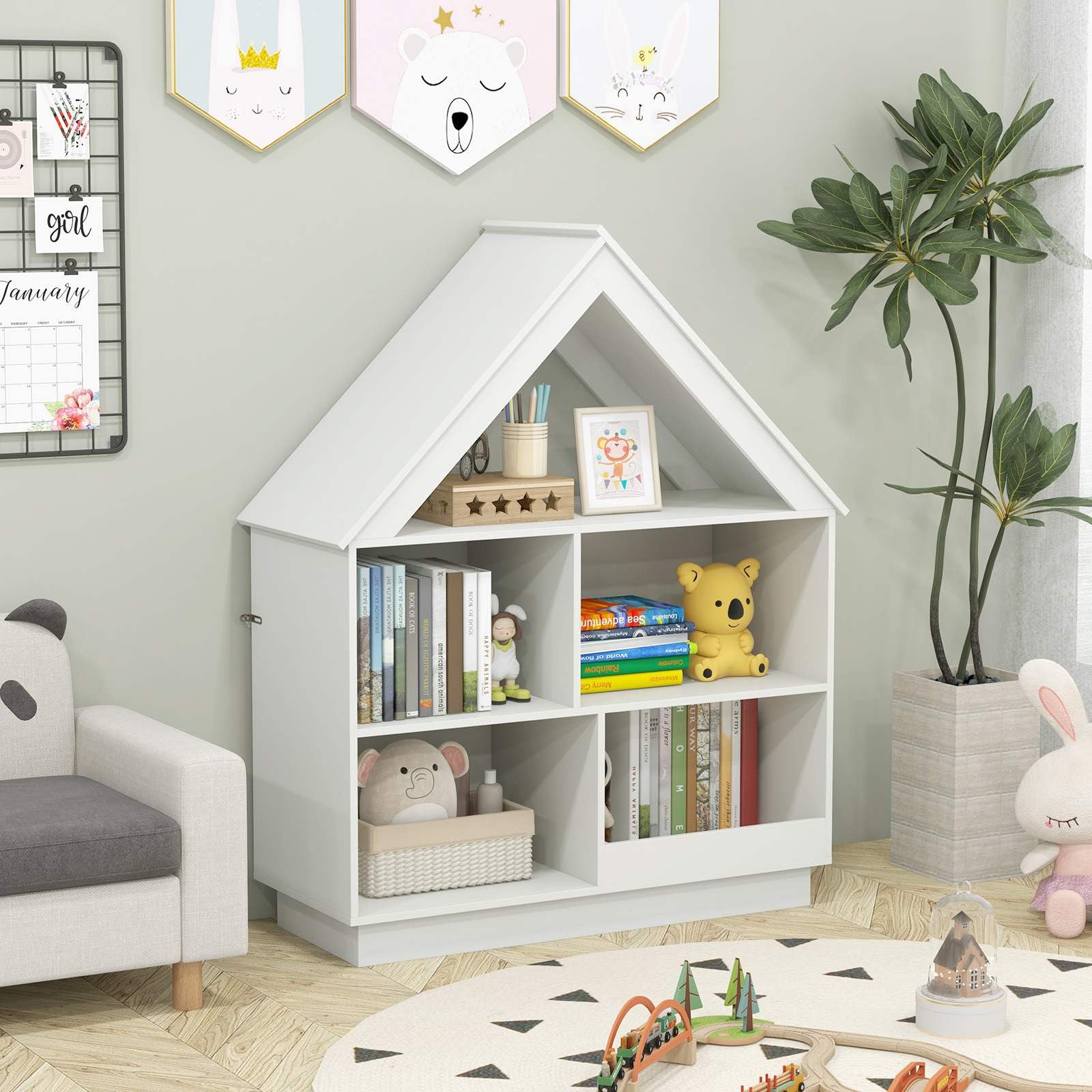 Kids Dollhouse Bookshelf, 3-Tier House-Shaped Storage Organizer w/ Open Shelves - Image 5