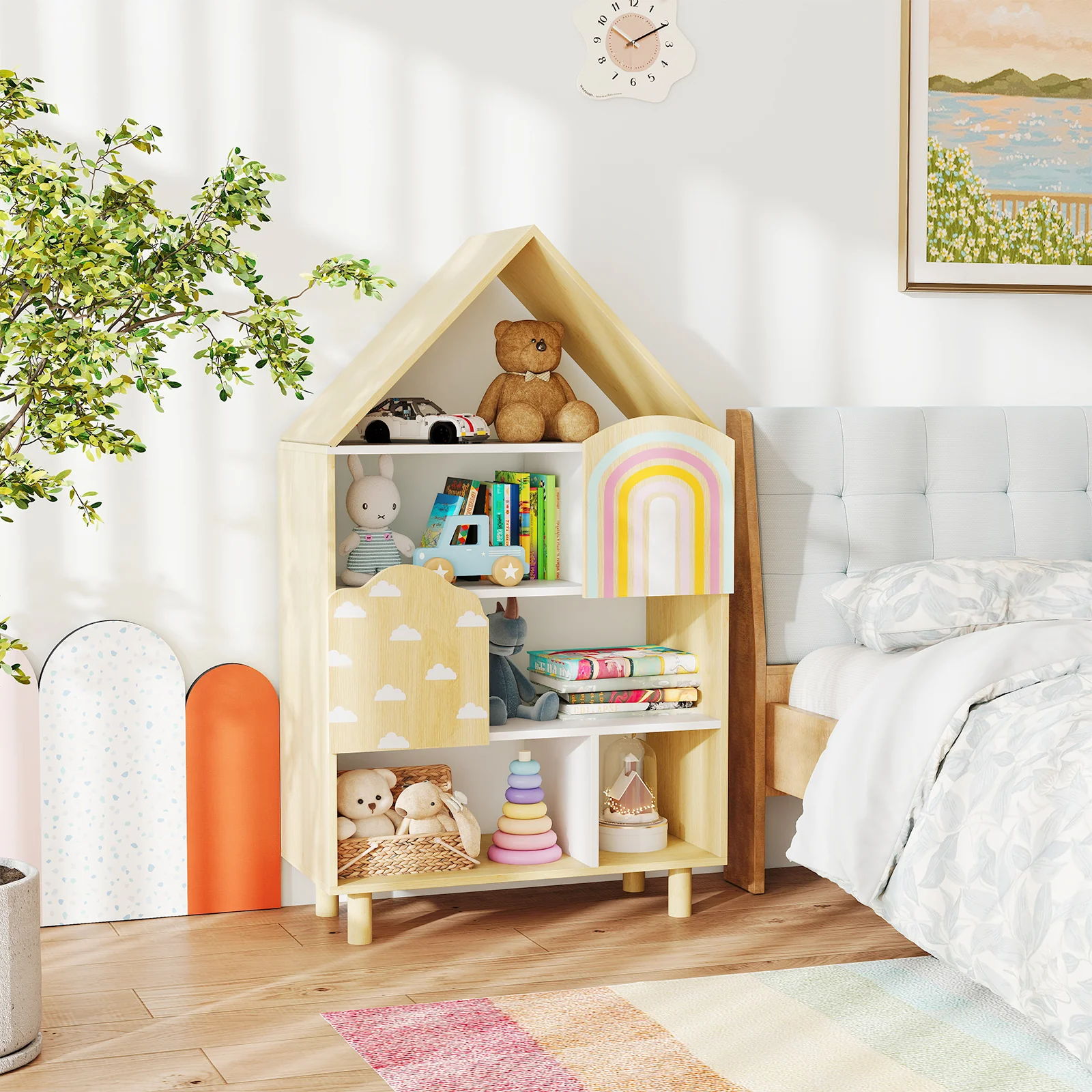 Kids Dollhouse Bookshelf, House-shaped Bookcase with 2 Doors for Playroom, Nursery, Bedroom - Image 2