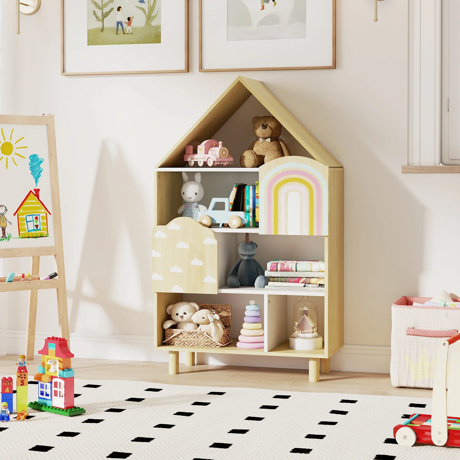 Kids Dollhouse Bookshelf, House-shaped Bookcase with 2 Doors for Playroom, Nursery, Bedroom - Image 3