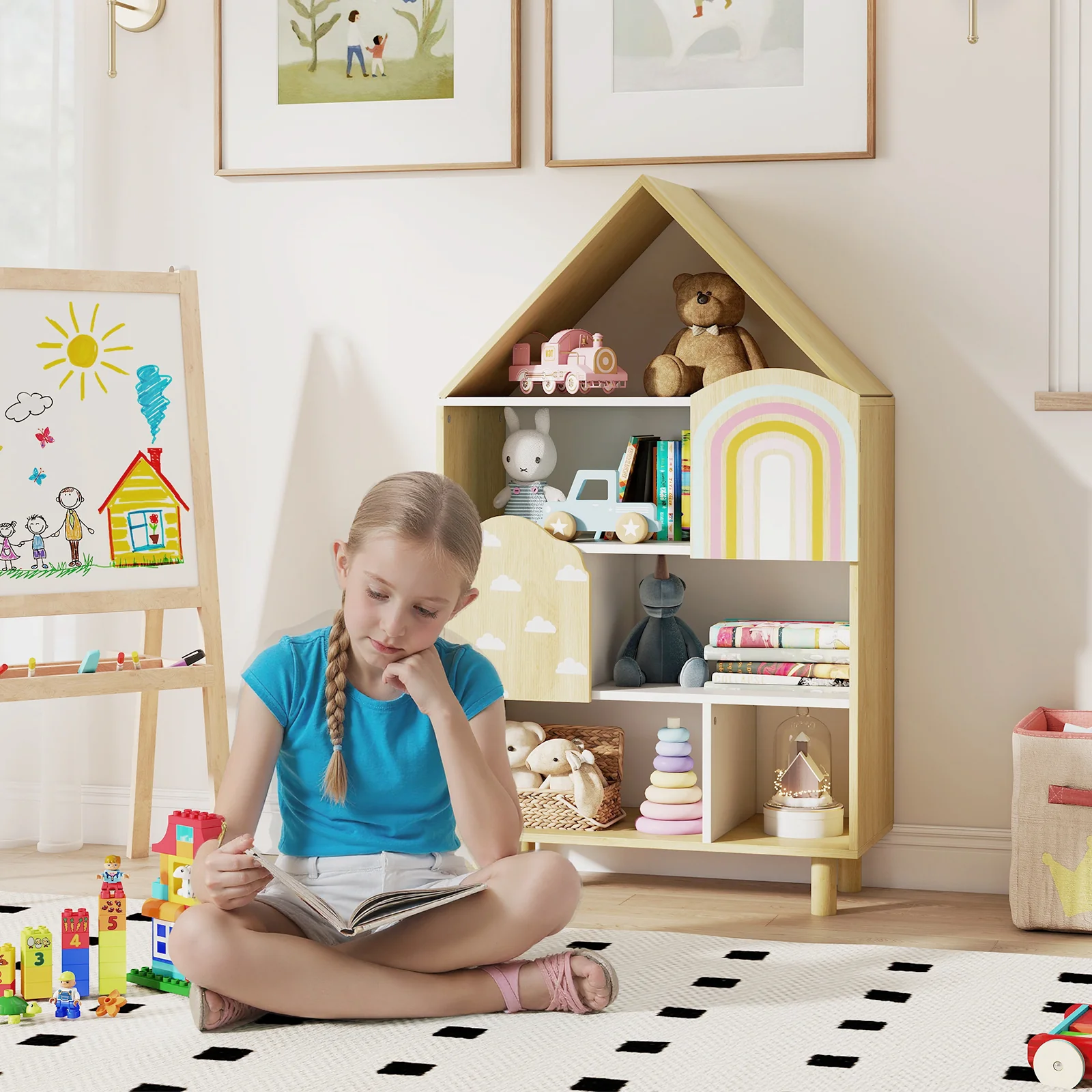 Kids Dollhouse Bookshelf, House-shaped Bookcase with 2 Doors for Playroom, Nursery, Bedroom - Image 4