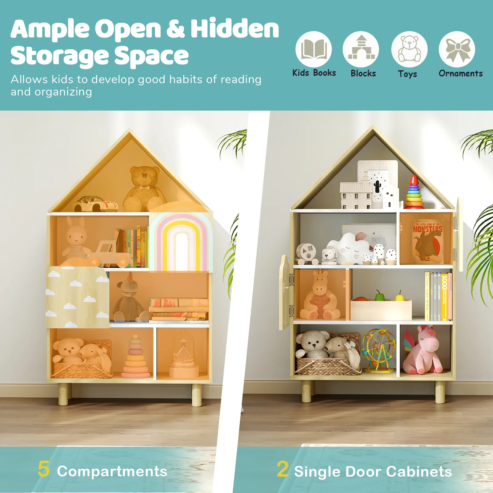 Kids Dollhouse Bookshelf, House-shaped Bookcase with 2 Doors for Playroom, Nursery, Bedroom - Image 5
